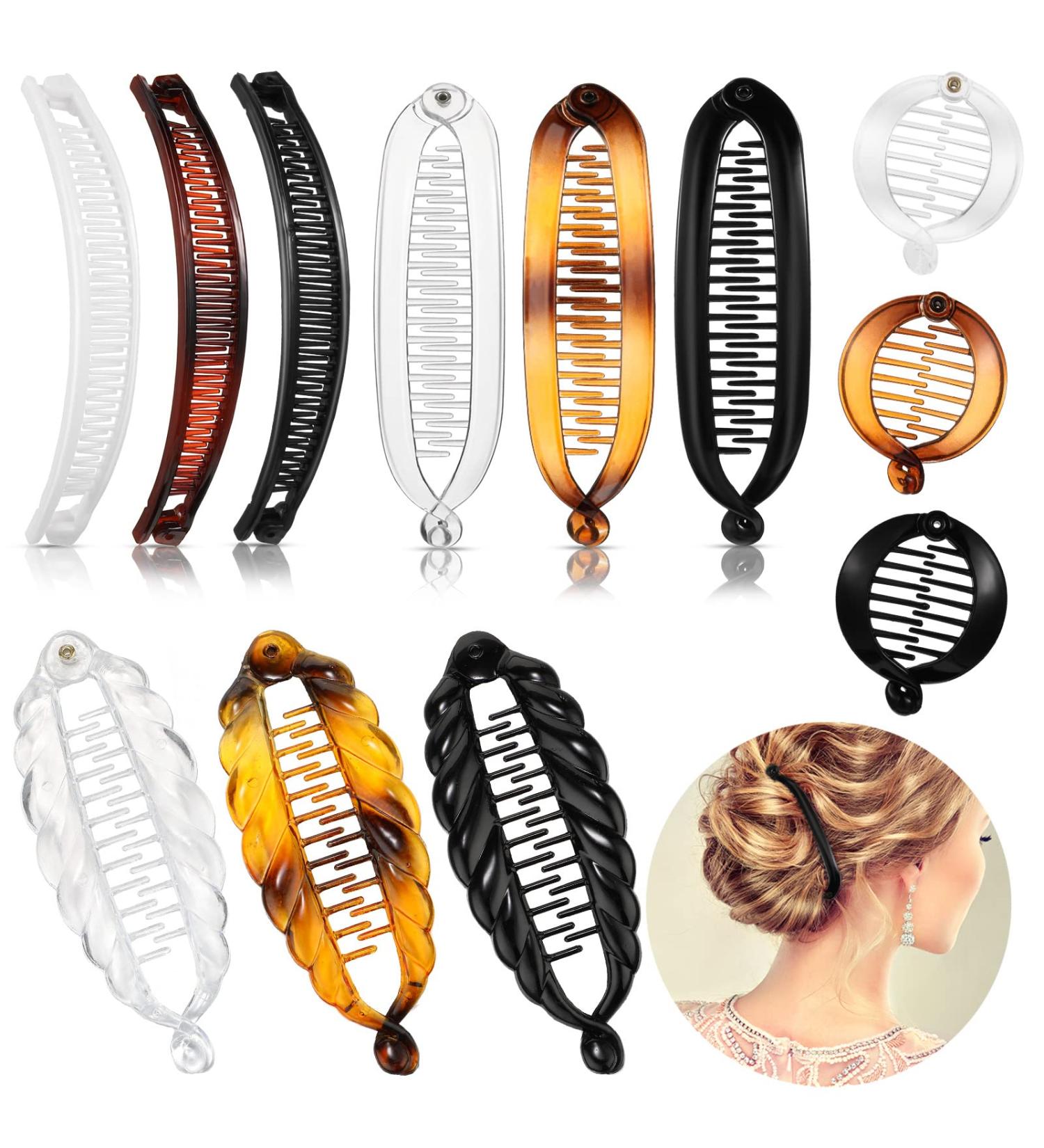 12-Piece Banana Hair Clips Set - Classic Clincher Combs Large Double Comb Fishtail Clip for Women - 4 Styles in Tortoiseshell, White, Clear & Black - Buy Online on GoSupps.com