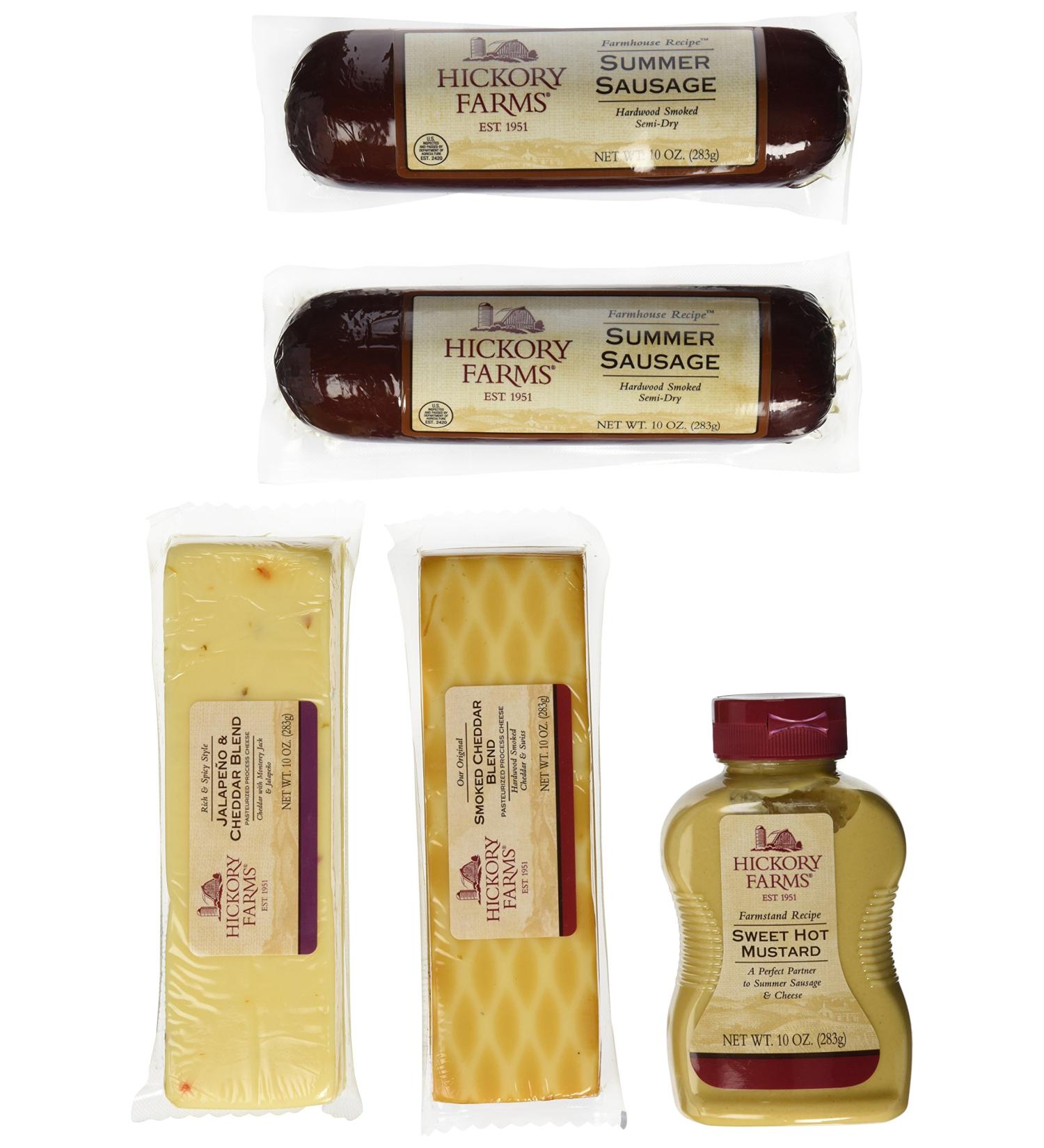 Hickory Farms Smoked Sausage and Cheese Bundle of 5 Items, Summer Sausage Salami, Smoked Cheddar, Jalapeno Cheese, Sweet Hot Mustard. Over 3 Pounds of Snacking