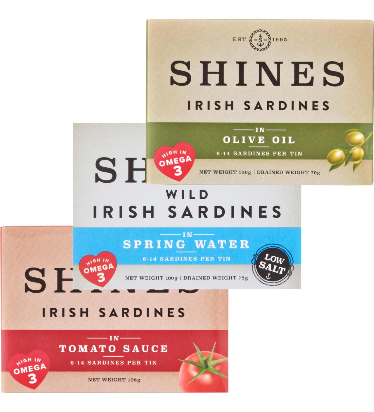 Shines Tinned Irish Sardines in Olive Oil Tomato Sauce and Spring Water - Pilchards - 3x 106g Cans - Buy Online on GoSupps.com