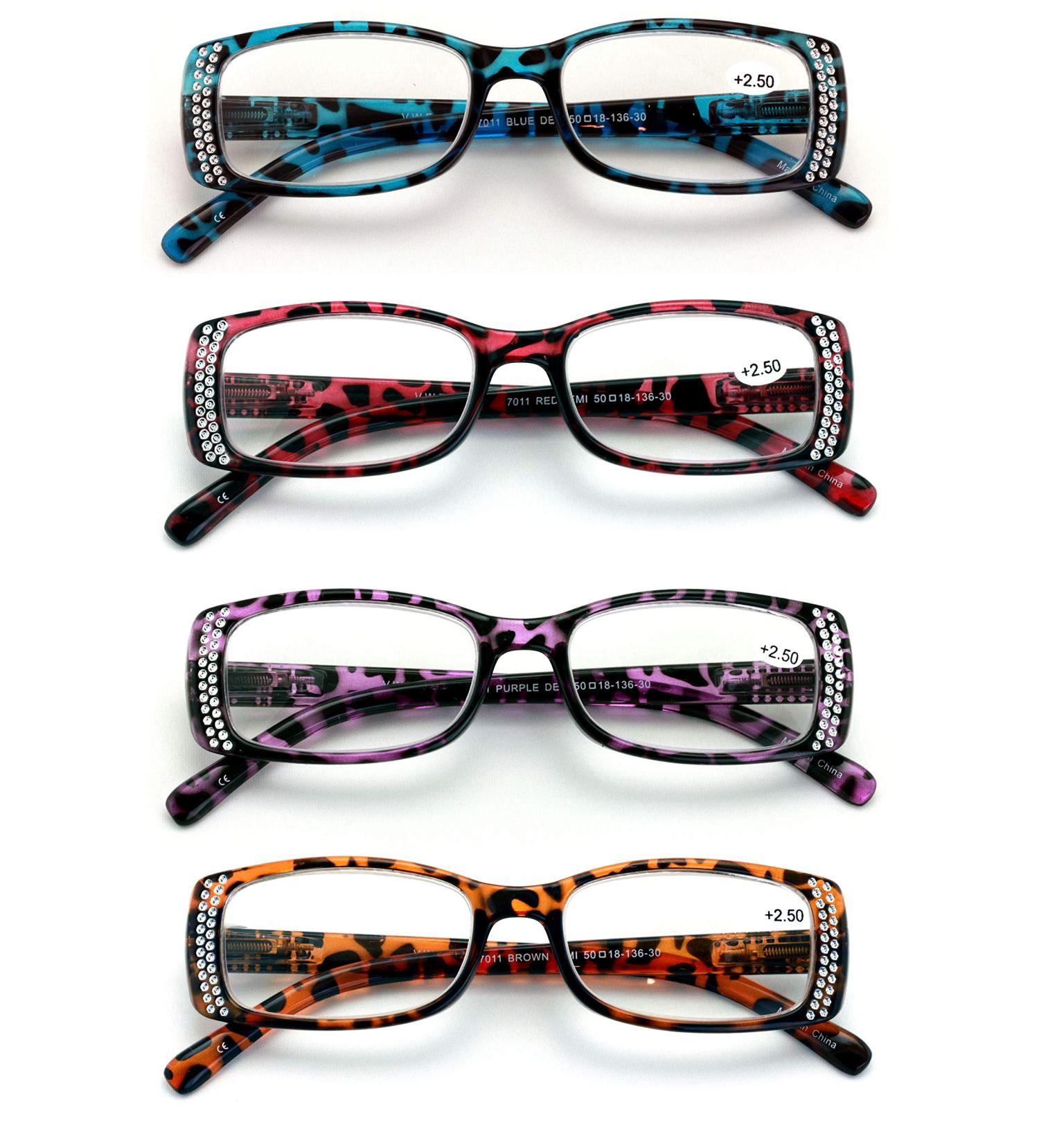 V.W.E. Women s Rhinestone Reading Glasses - 4 Stylish Pairs with Leopard & Tortoise Design 1.25x Magnification - Buy Online on GoSupps.com