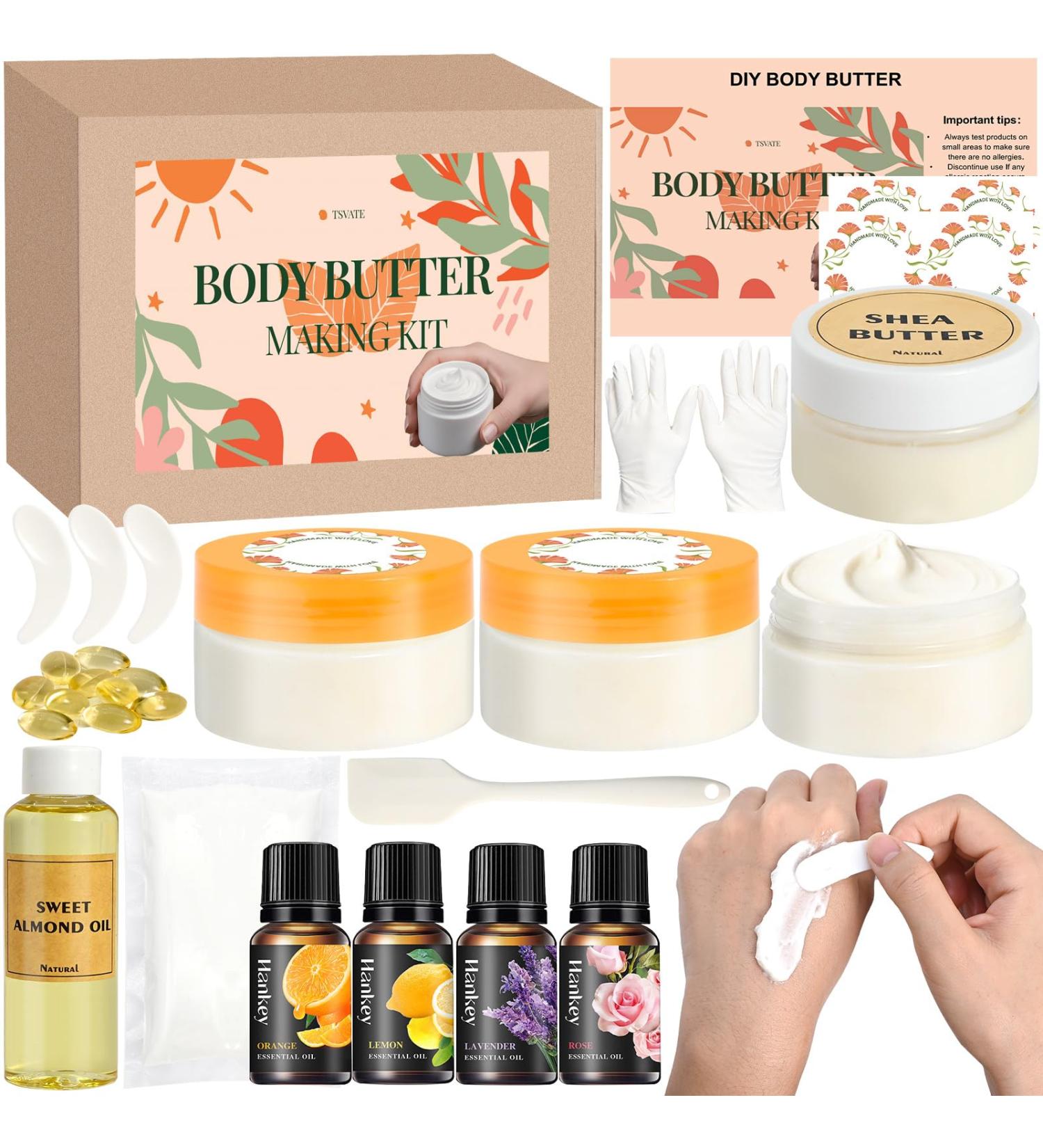 TSVATE Body Butter Making Kit- DIY Whipped Body Butter Kit with Shea Butter Raw Organic Sweet Almond Oil Vitamin E Moisturizing for Body Lotion Cream Making Kit Christmas Gifts for Women Girls - Buy Online on GoSupps.com