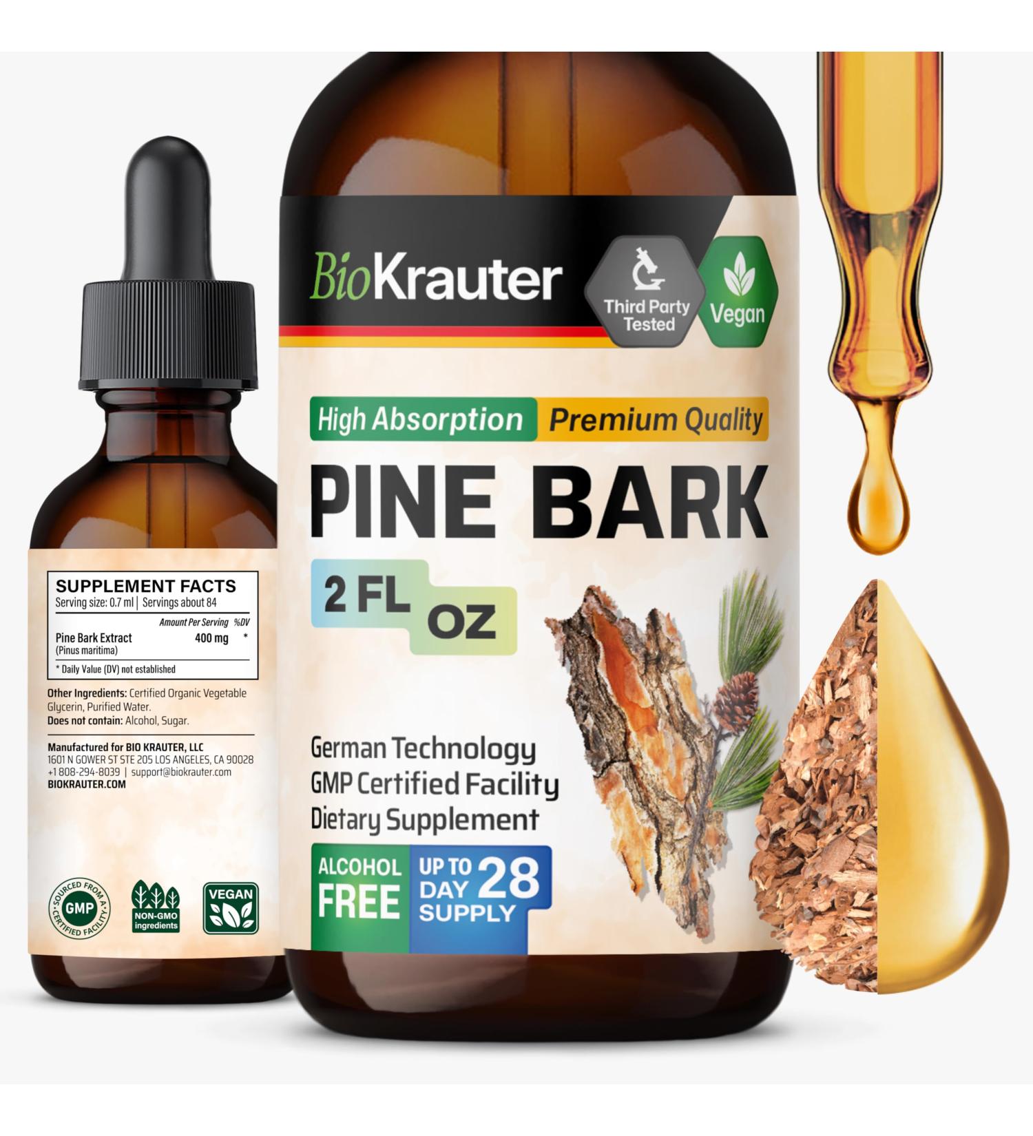 BIO KRAUTER Pine Bark Extract - Rich in Antioxidants Liquid Supplement - 400 mg French Maritime Pine Bark Extract Drops - Vegan Alcohol & Sugar Free - 2 Fl Oz 2 Fl Oz (Pack of 1) - Buy Online on GoSupps.com