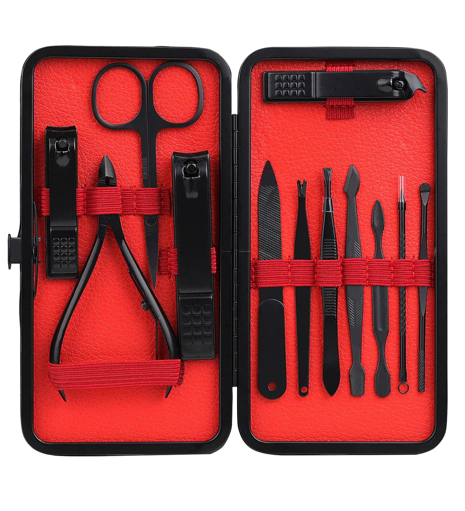 ZIZZON 12-in-1 Manicure Pedicure Set - Professional Grooming Kit for Men and Women, Ideal Gift for Partner, Parents, Elderly - Black-Red - Buy Online on GoSupps.com