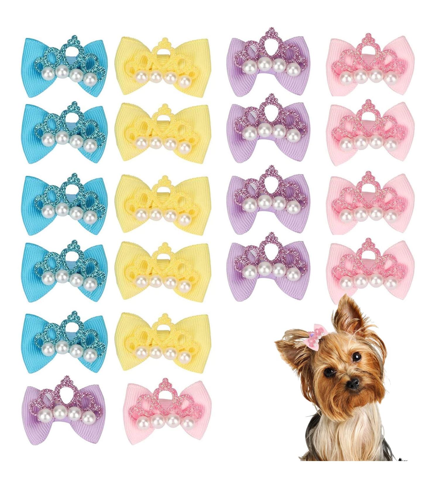 Dog Hair Bows with Rubber Bands 20 Pcs Cute Crown Pearl Bow Dog Hair Bands Hair Rope Pet Hair Accessories Grooming Products for Puppies Cats Small Animals - Buy Online on GoSupps.com