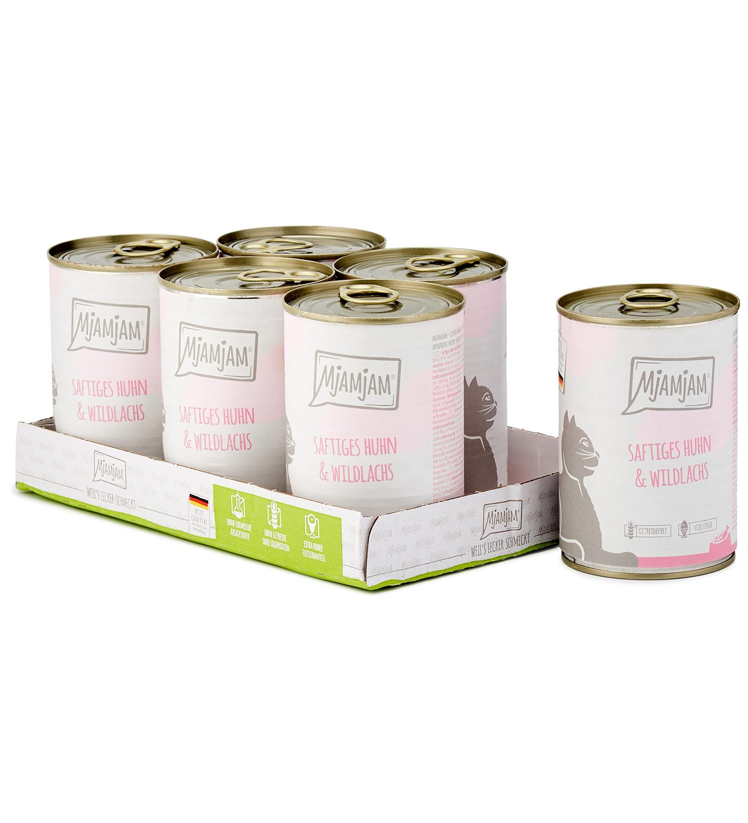 MjAMjAM - premium wet cat food - juicy chicken and wild salmon 6 pack (6 x 400 g) grain-free with meat supplement - Buy Online on GoSupps.com