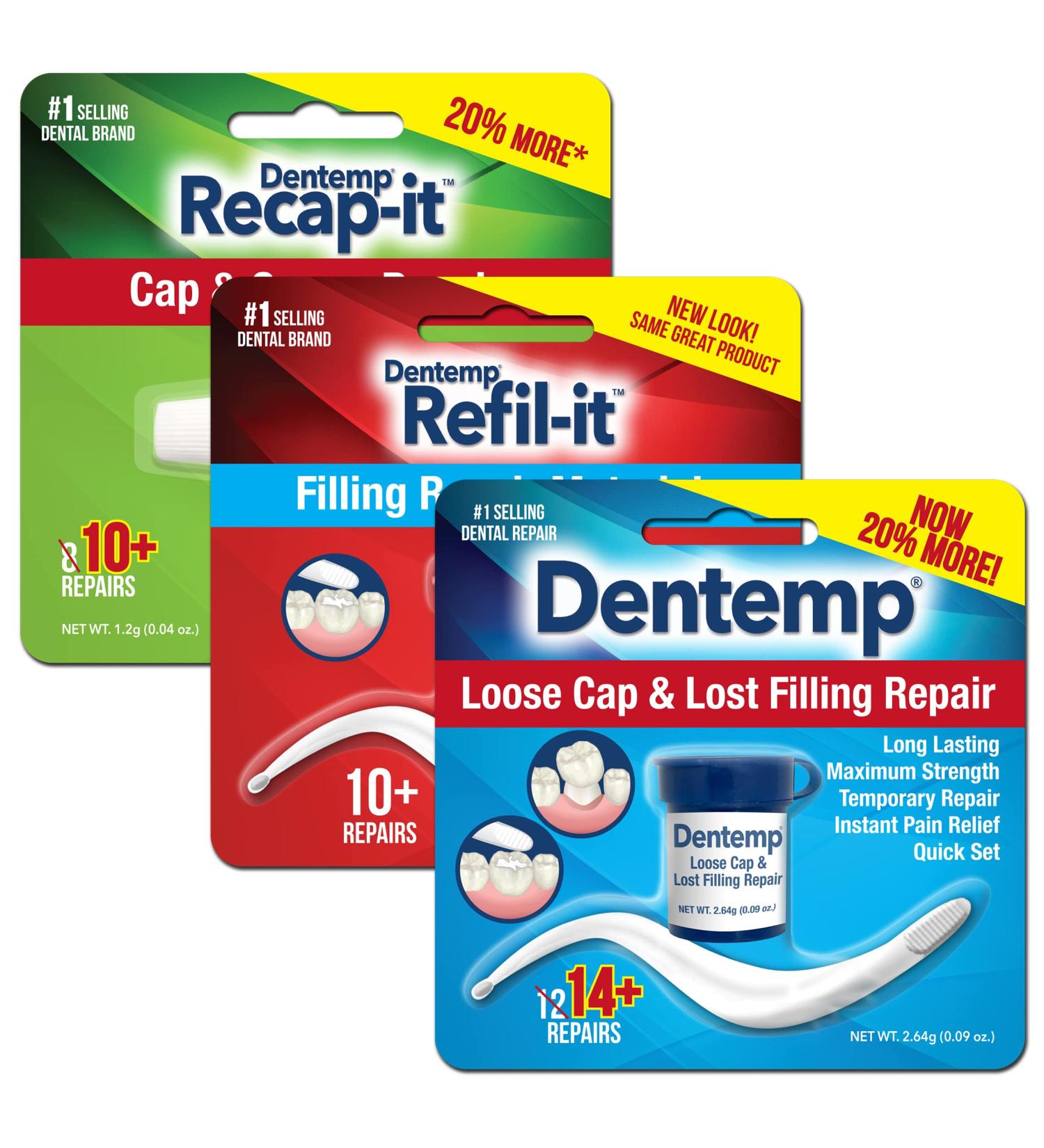 Dentemp Tooth Repair Kit - Dental Repair Kit with Dental Cement, Refil-it Lost Filling Repair and Recap-It Loose Caps - Tooth Filler Kit for Broken or Lost Filling, Cap or Crown