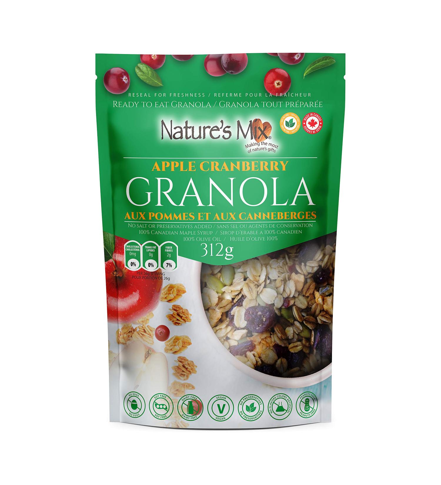 Nature's Mix Apple Cranberry Granola - Nut Free - Canadian Locally Made - Vegan and Kosher Certified Apple Cranberry Granola 312 Grams Light Green grams 312 g (Pack of 1) Light Green - Buy Online on GoSupps.com