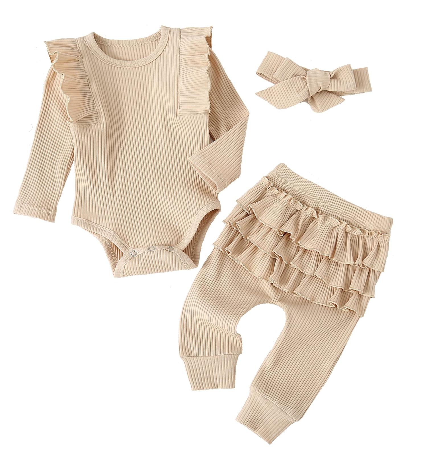 UUAISSO Baby Girls Cow Print Ruffled Outfit | Long Sleeve Tops & Pants Set (0-3 Months) - Apricot - Buy Online on GoSupps.com