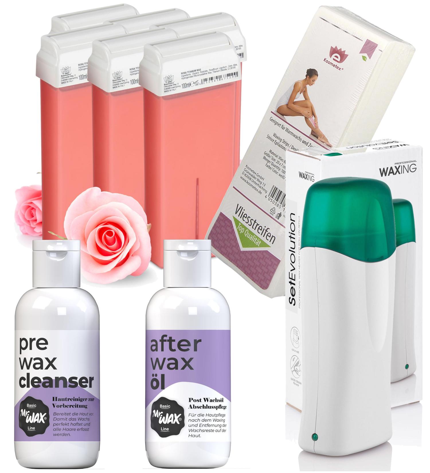 6x Pink Wax Cartridges Heater & Cleaner Set | 100 Fleece Strips & Mr. Wax Pre & After Wax 150ml | International Shipping - Buy Online on GoSupps.com