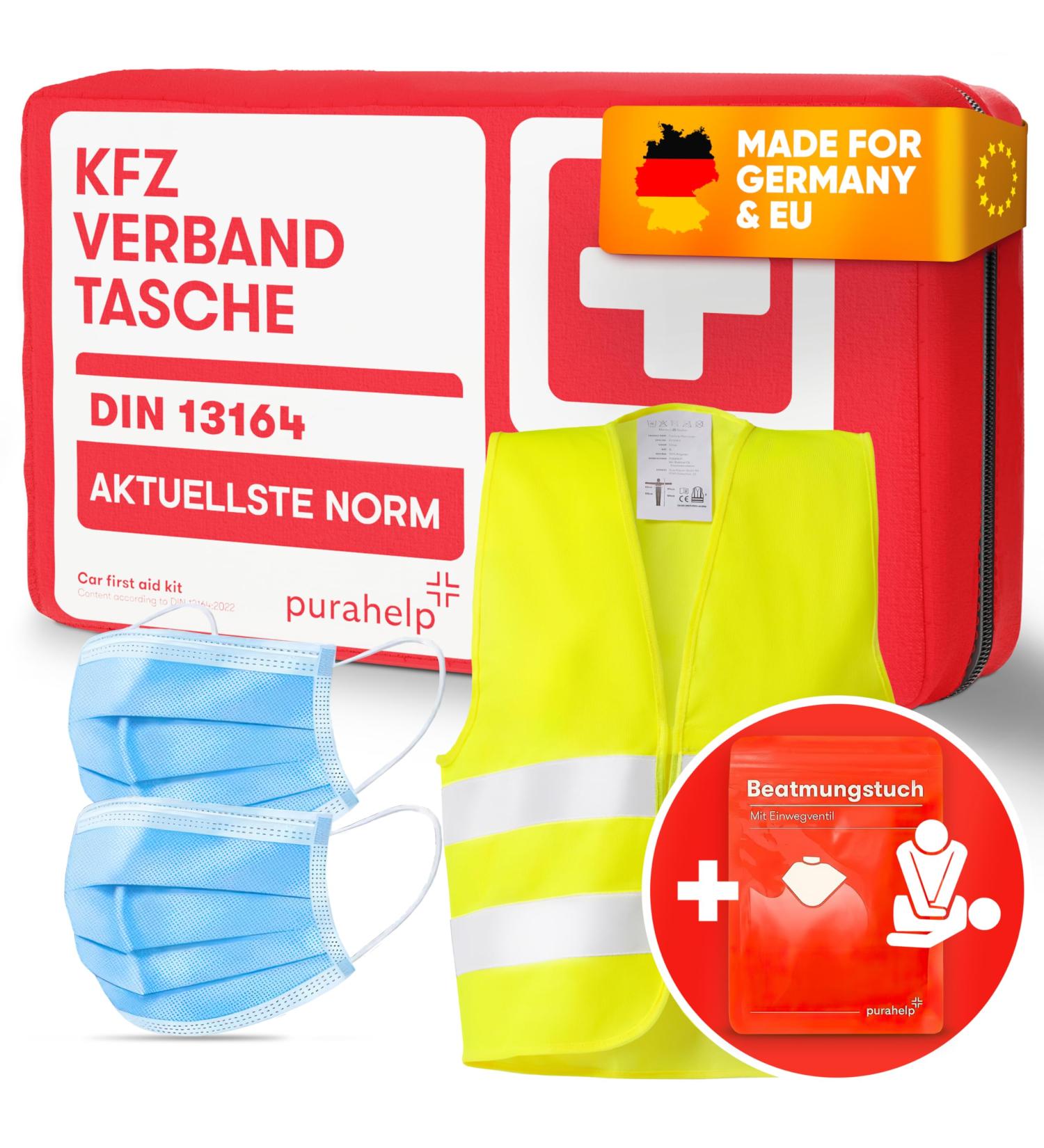 Purahelp Car Bandage Pocket DIN 13164 + Warning Vest - Complete First Aid Set for Cars 2024 - Buy Online on GoSupps.com