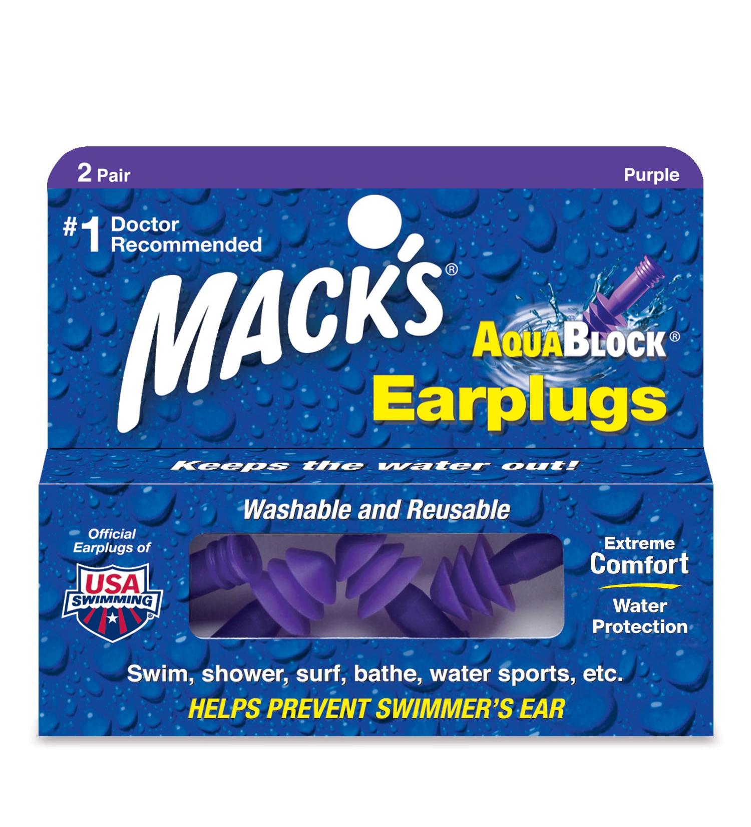 Mack's AquaBlock Earplugs 2 Pair Comfortable Waterproof Ear Plugs for Swimming Snorkeling and Showering (Pack of 2)