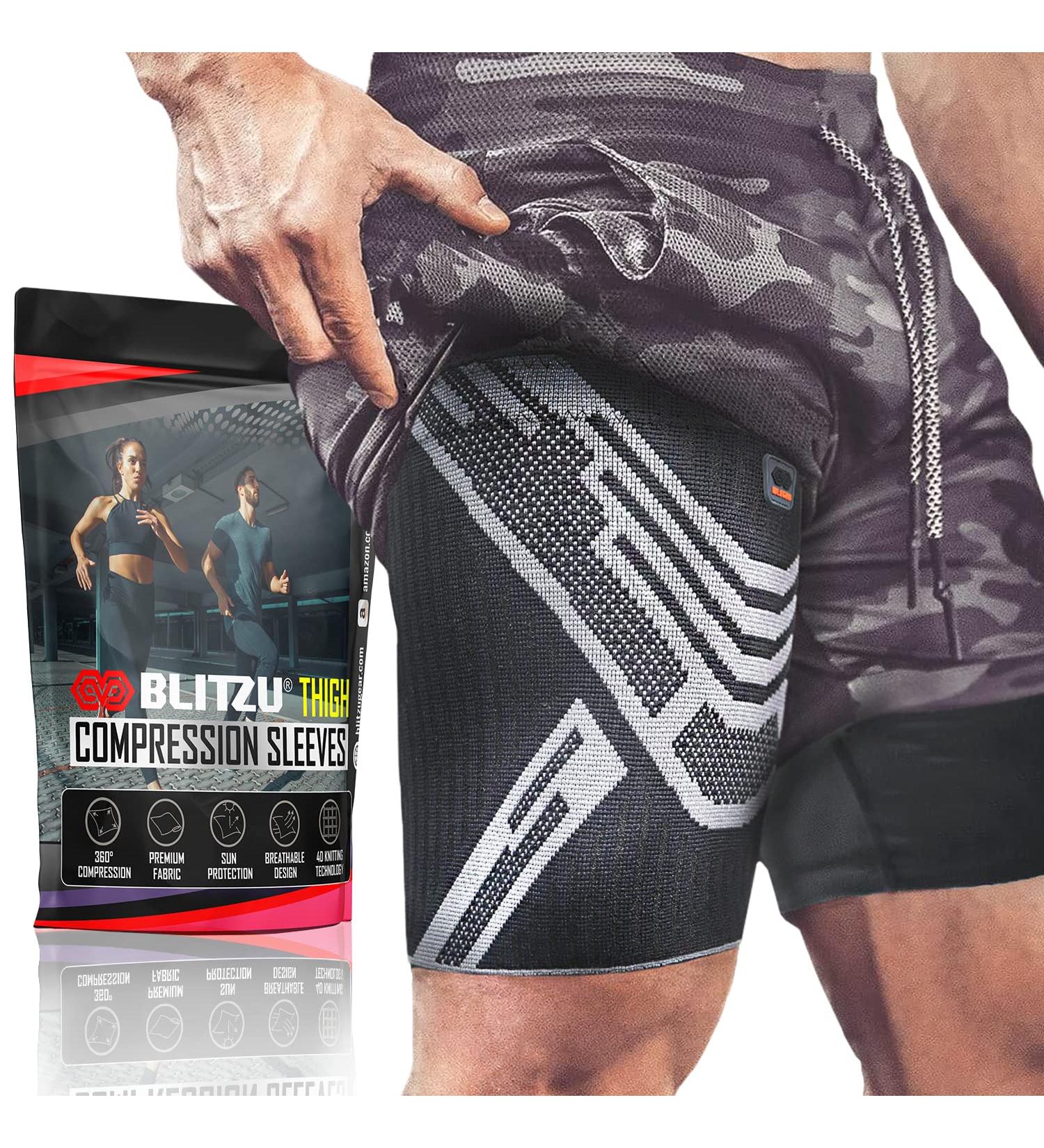 Thigh Compression Sleeve (Pair) for Men and Women - Quad, Groin, Hamstring Support - Medium Black - Upper Leg Sleeves for Pain Relief - Buy Online on GoSupps.com