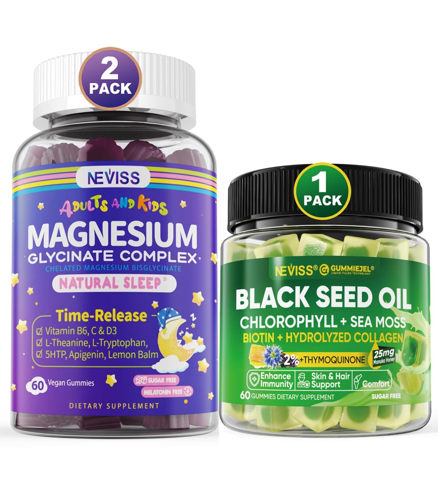 NEVISS Black Seed Oil Gummies Chlorophyll & Sea Moss Supplement + Magnesium Glycinate Gummies for Adults & Kids 4+ - Buy Online on GoSupps.com