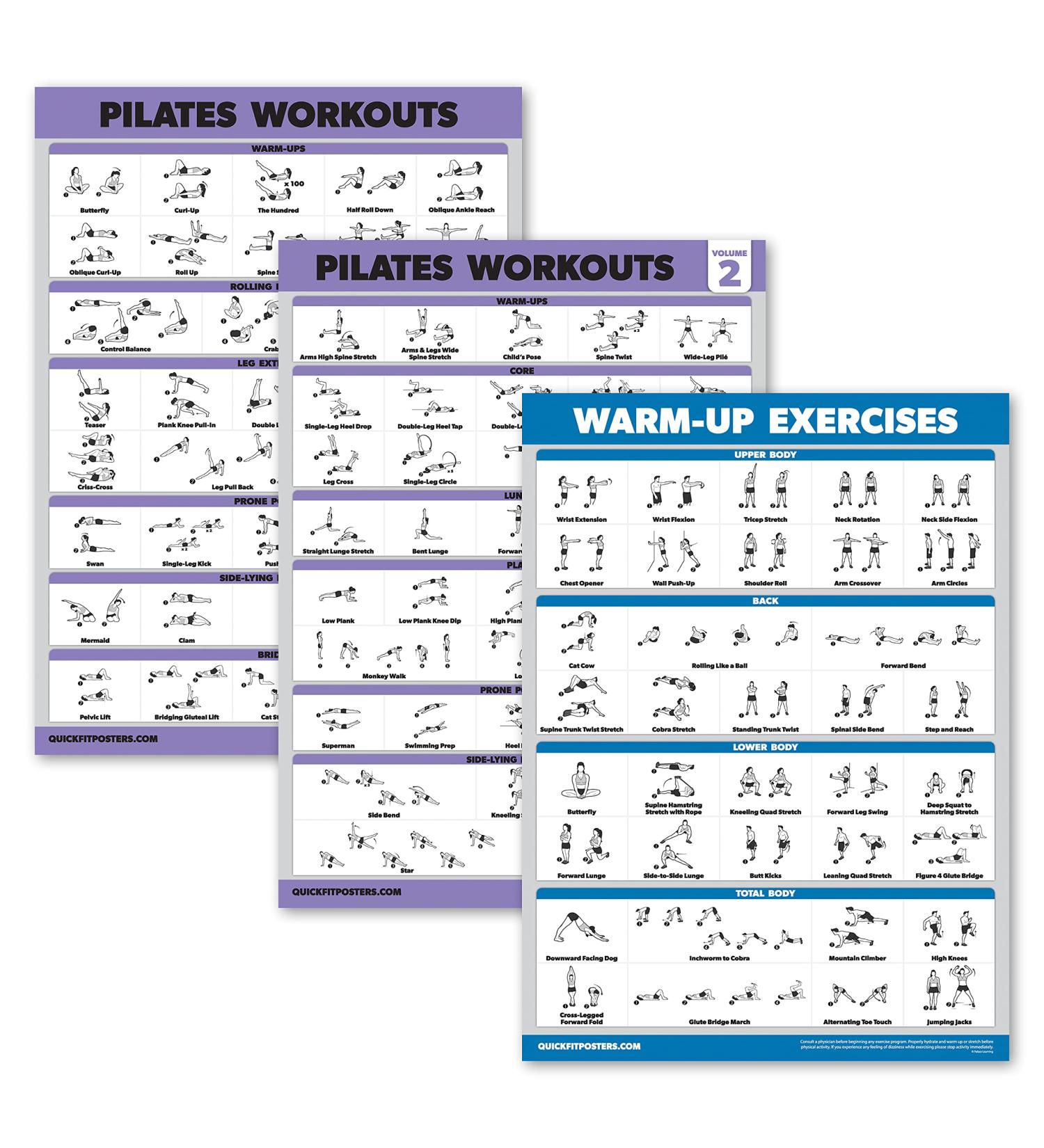 3 Pack - Pilates Workout Poster Set Volume 1 & 2 + Warm Up Routine - Pilates Mat Work Exercises - Fitness Charts 18 x 24 LAMINATED