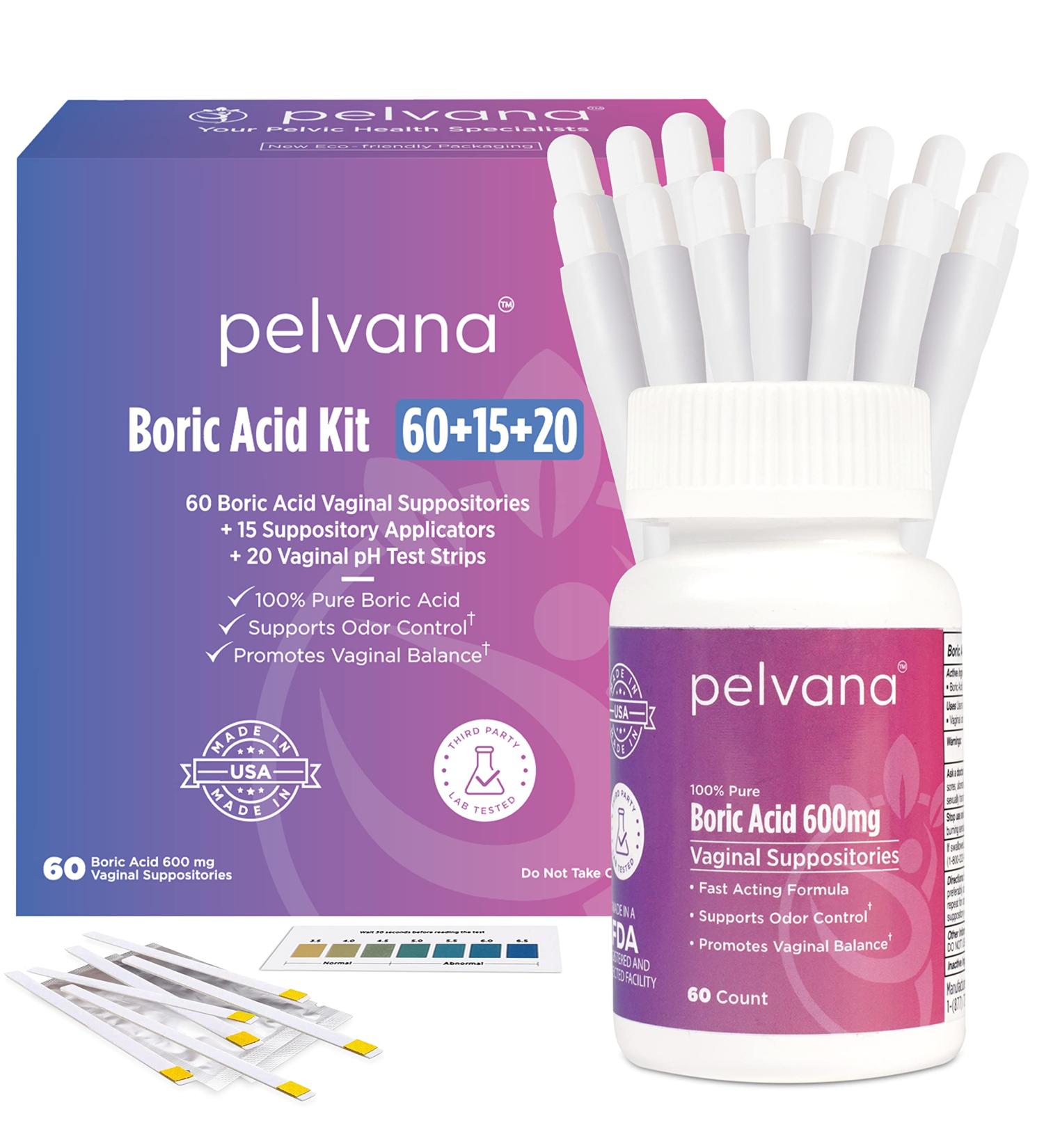 Pelvana Boric Acid Suppositories 95 Piece Kit for Vaginal pH Balance + Test Strips - Relief from Odor, Itching, Dryness & Discharge - Buy Online on GoSupps.com