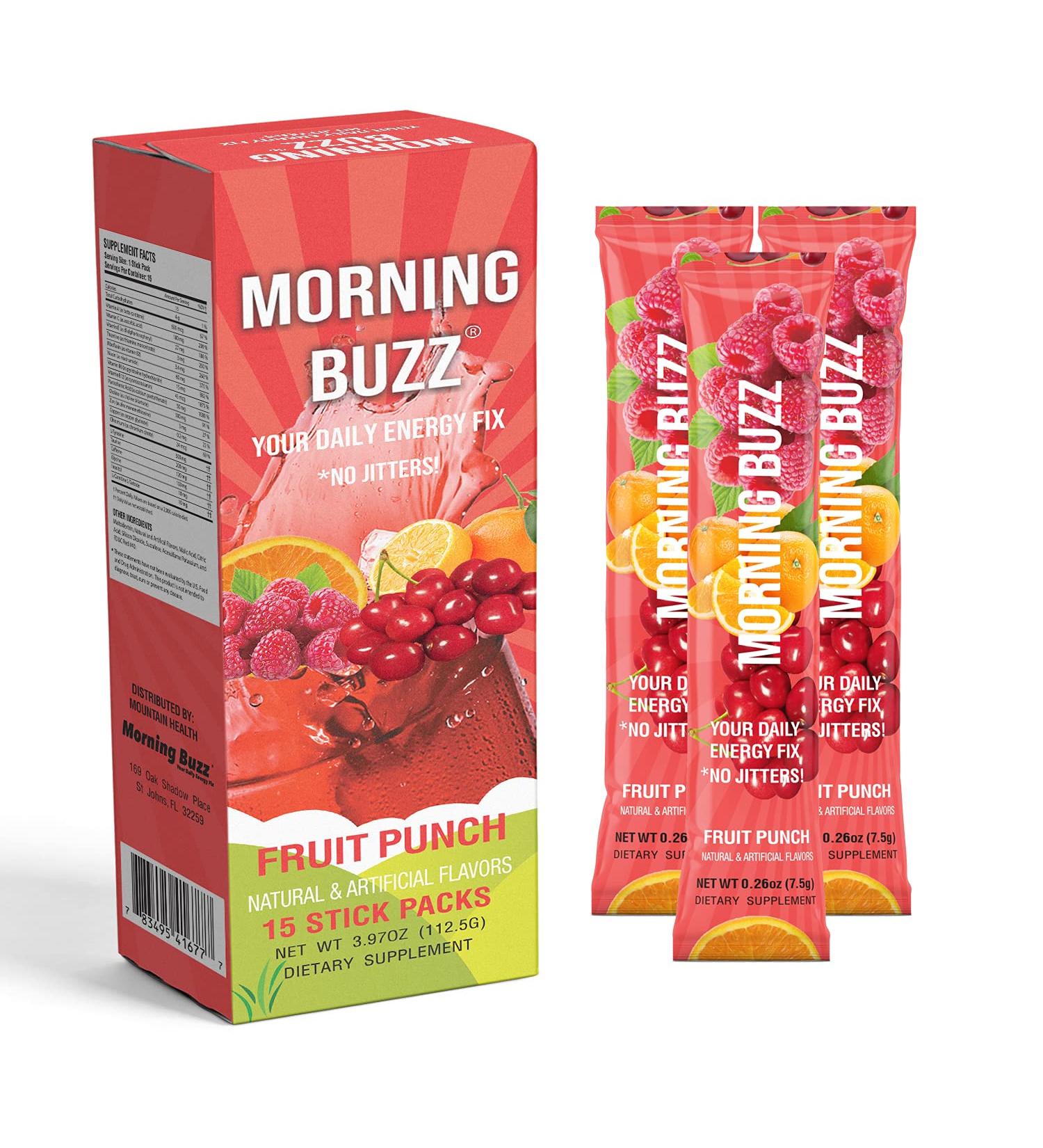 Morning Buzz Fruit Punch Sports Energy Drink - Original Formula for Lasting Energy and Mental Clarity - Pre-Workout Supplement with 18 Key Vitamins & Minerals - 15 Pack - Buy Online on GoSupps.com
