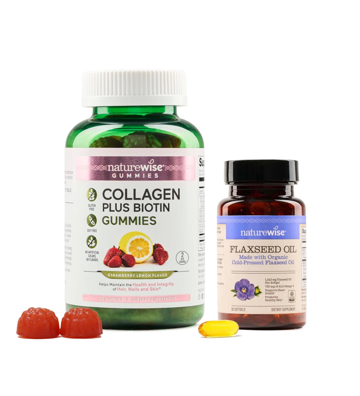 NatureWise 1 Collagen Gummies - Hydrolyzed Collagen + Biotin - 60 Count 30-Day Supply + 1 Flaxseed Oil 1200mg - Organic Cold Pressed - 30 Softgels 30-Day Supply  - Buy Online on GoSupps.com
