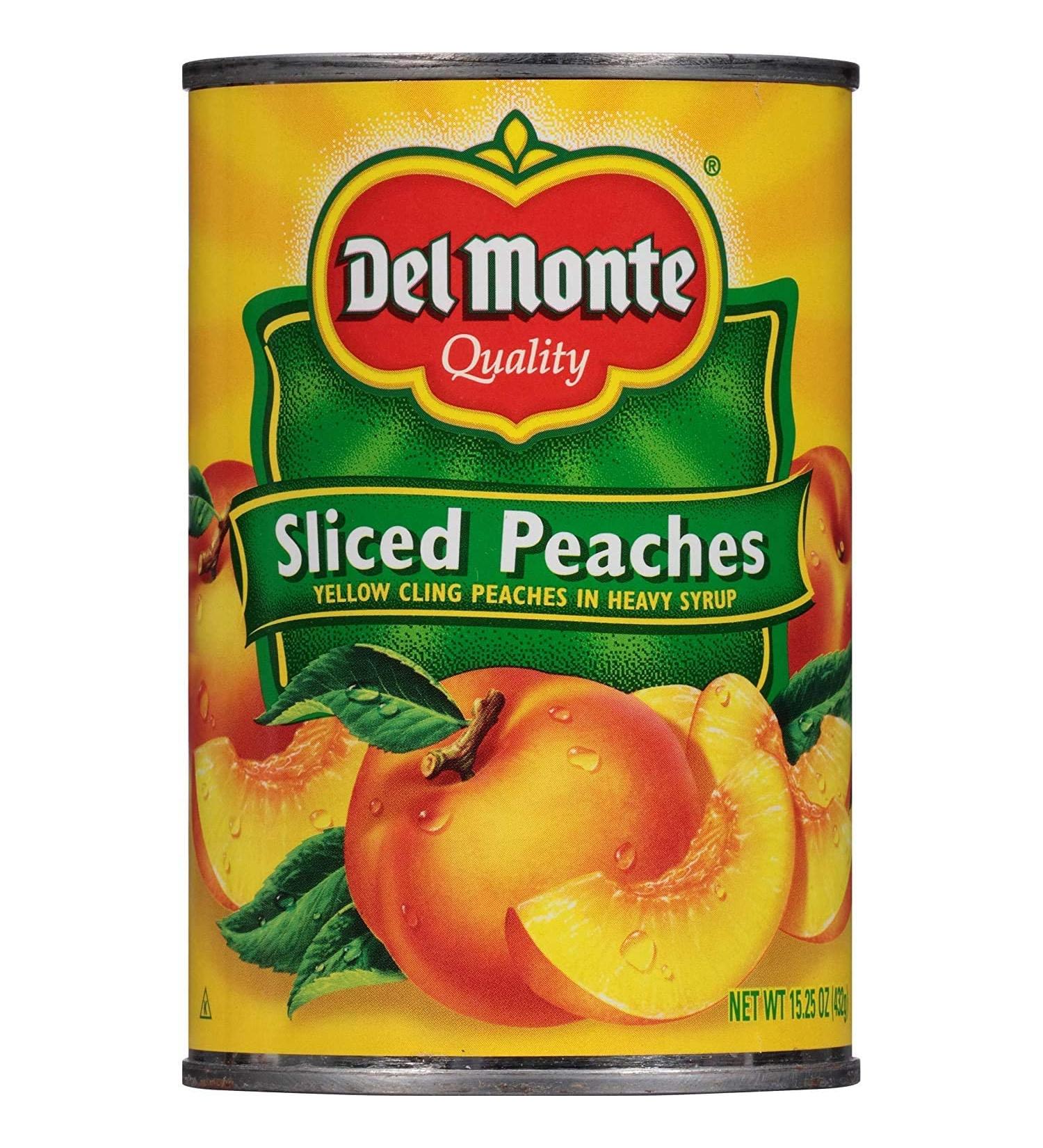 Del Monte (2 Cans) Del Monte Sliced Peaches, Canned Fruit, 15 oz per Can. Total 30 Ounces.DEL Monte Yellow Cling Sliced Peaches in 100% Juice