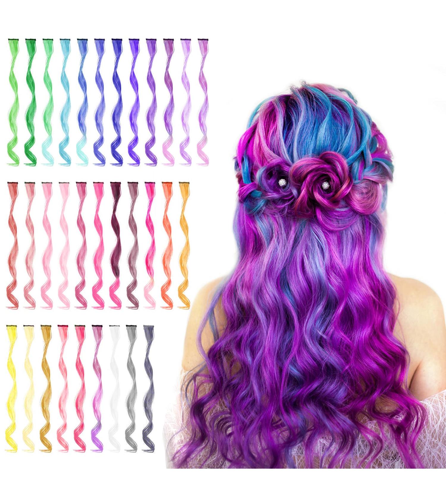 32 PCS Colored Clip in Hair Extensions - BEAHOT 17 Inch Rainbow Curly Wavy Hairpieces for Women, Kids, Girls - Synthetic Halloween Party Fashion Accessory - Buy Online on GoSupps.com