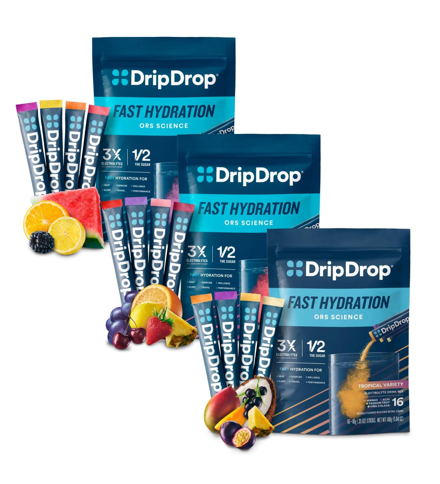 DripDrop Hydration - Electrolyte Powder Packets - Pi a Colada Mango A a Passion Fruit Watermelon Berry Lemon Orange Fruit Punch Grape Strawberry Lemonade Cherry - 48 Count - Buy Online on GoSupps.com