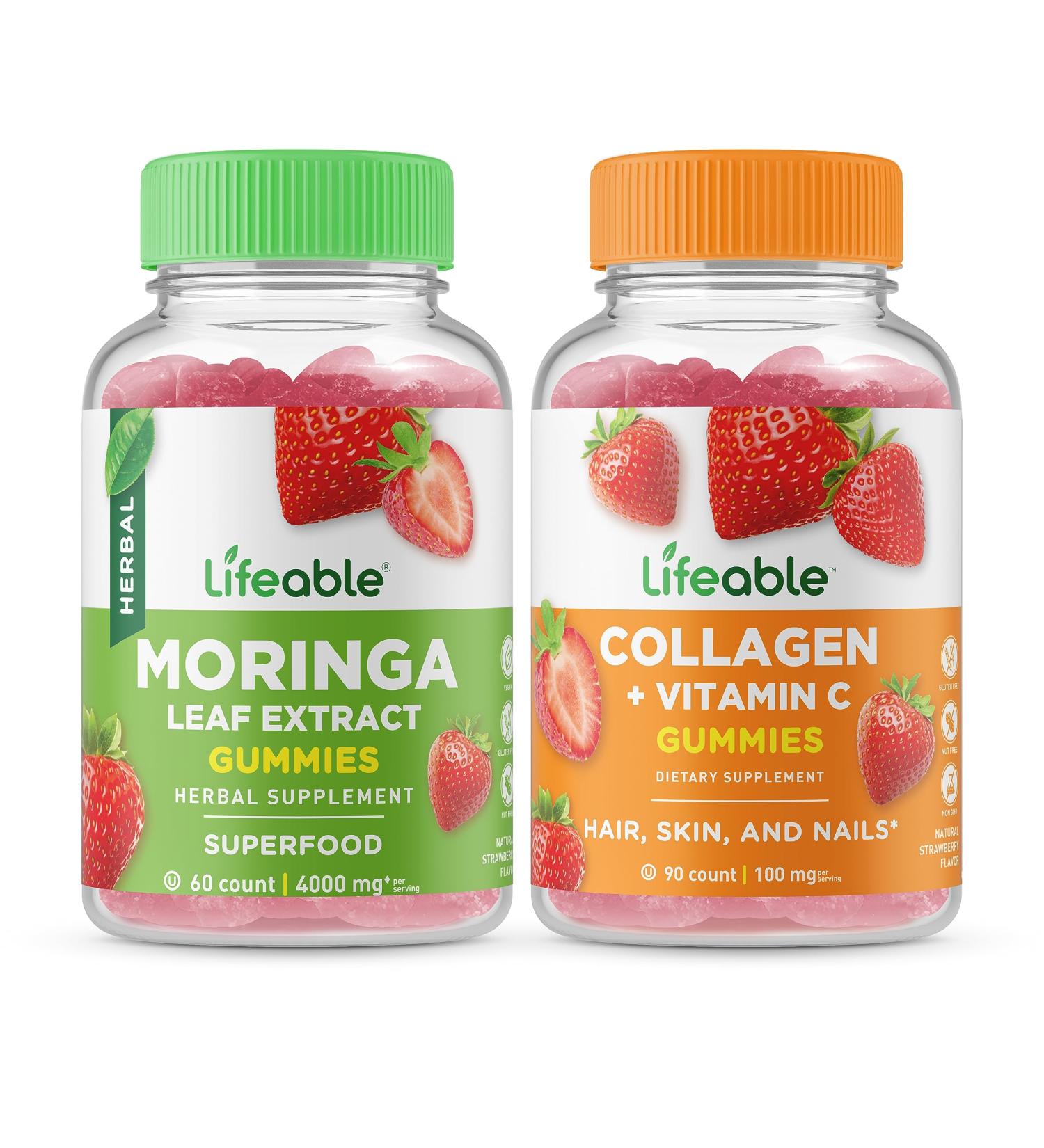 Lifeable Moringa Leaf + Collagen & Vitamin C Gummies Bundle - Great Tasting Vitamin Supplement Gluten Free GMO Free Chewable Gummy - Buy Online on GoSupps.com