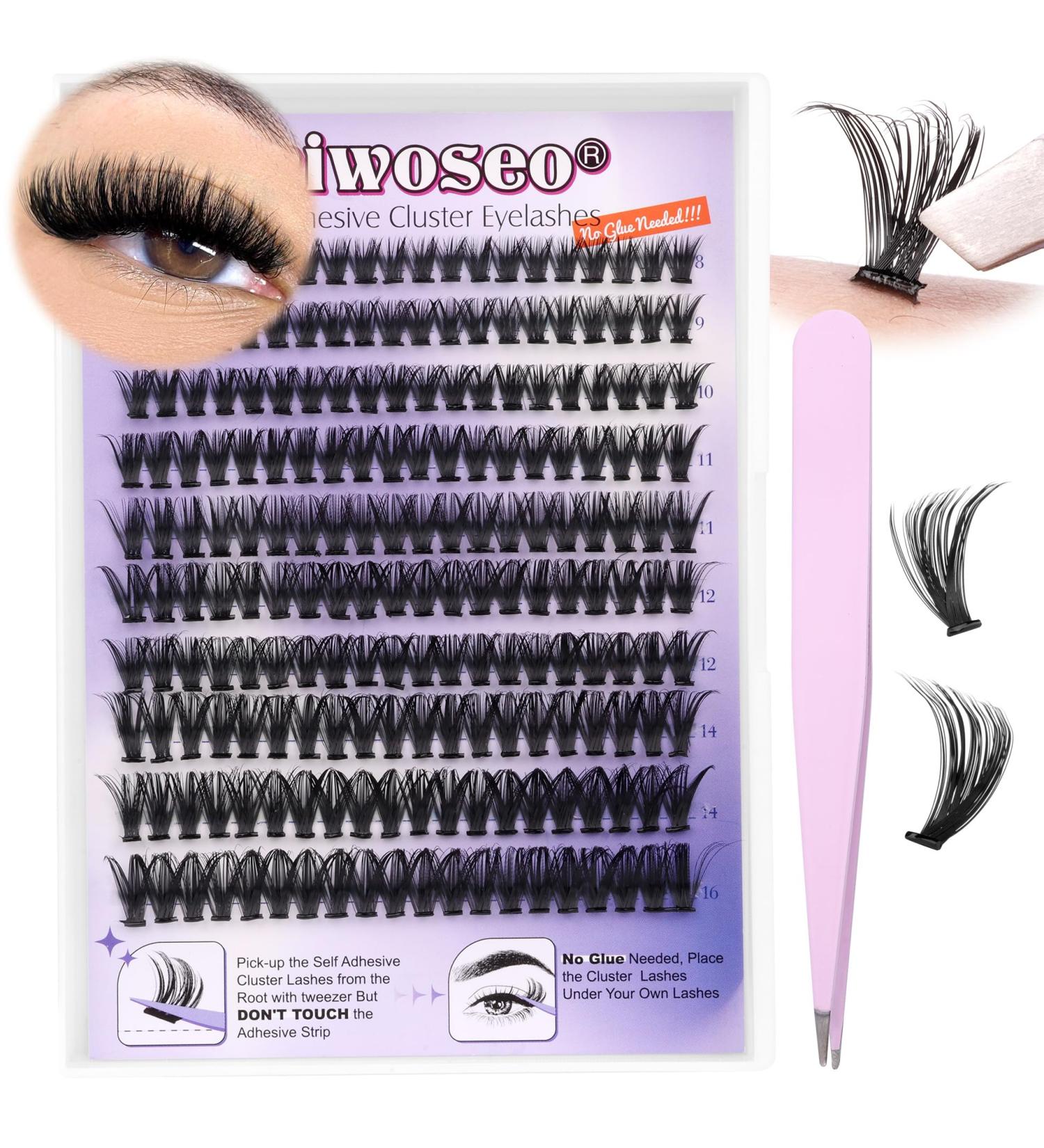 Self-Adhesive Eyelashes Kit - Wiwoseo No Glue D Curl Individual Clusters (50 Pcs, 8-16MM) for Beginners - Buy Online on GoSupps.com