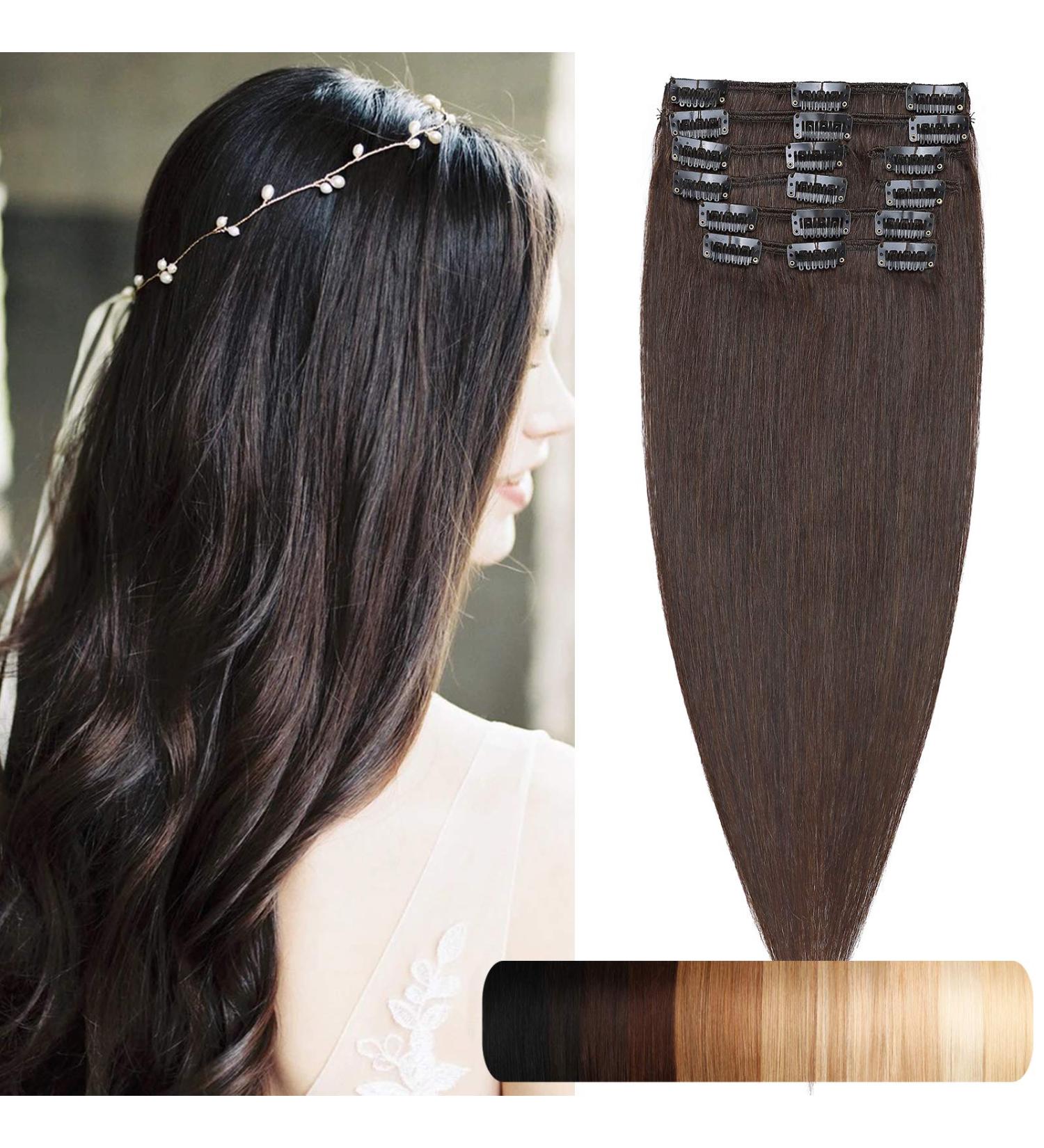 SEGO Clip In Extensions - 8 Piece Real Remy Hair Set Dark Brown #2 (20 / 50cm) - Heat Resistant Straight Hair Extensions for Beautiful Volume - Buy Online on GoSupps.com