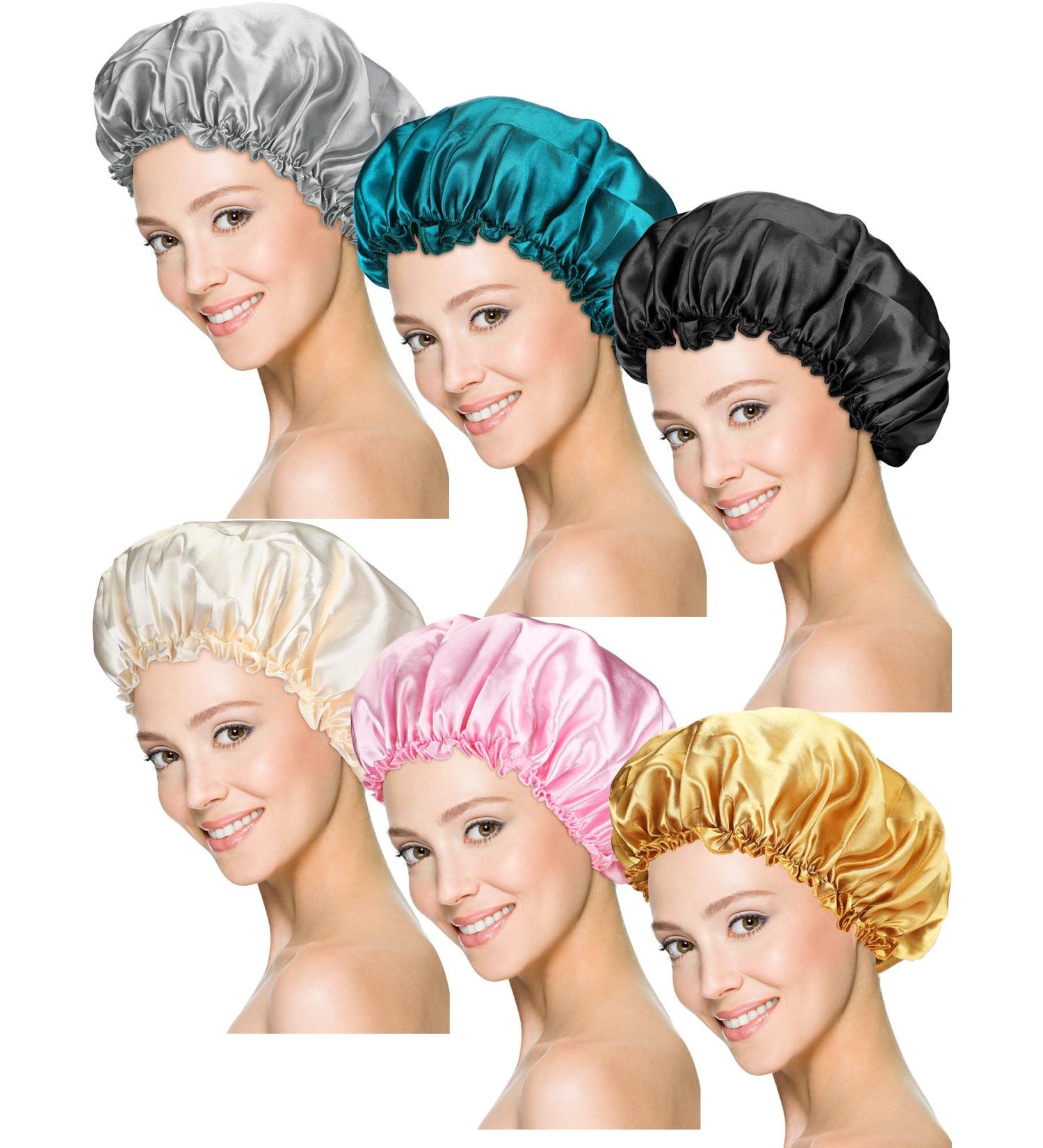 6-Piece Satin Sleep Cap Bonnet Set for Women and Girls - Black, Beige, Silver, Gold, Pink, Peacock Blue - Buy Online on GoSupps.com