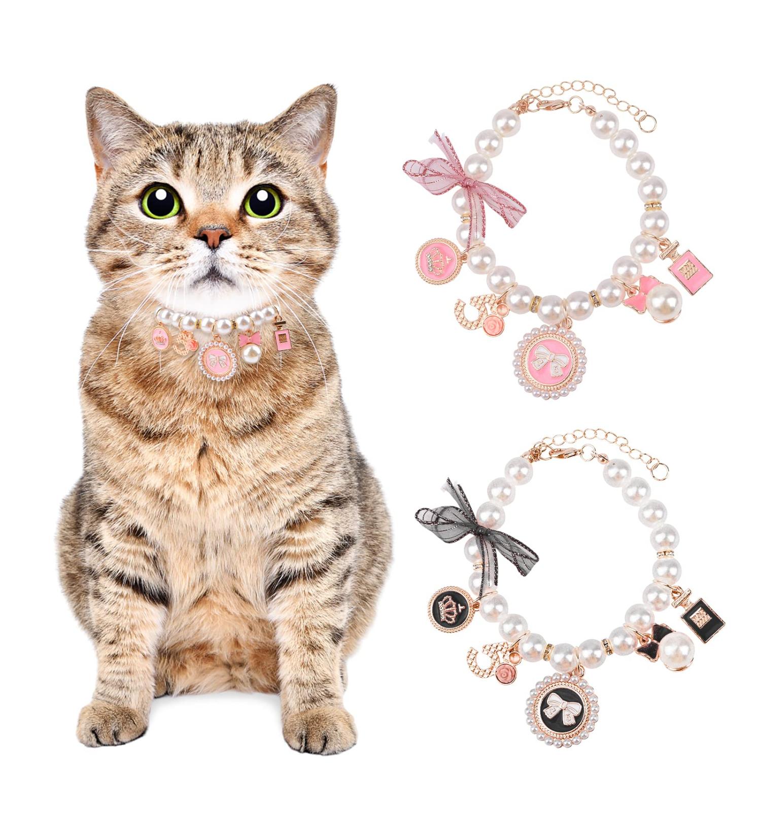 URROMA 2-Piece Adjustable Pearl Collar for Cats & Small Dogs - Stylish Bow Design Necklace - Buy Online on GoSupps.com
