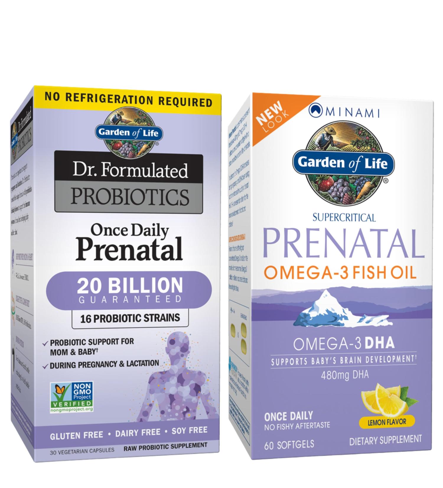 Garden of Life Prenatal Support Bundle Minami Prenatal DHA Omega 3 Fish Oil (60 Soft gels) + Dr. Formulated Once Daily Prenatal Probiotics for Mom & Baby (30 Vegetarian Capsules) Gluten Free Prenatal Bundle - Buy Online on GoSupps.com