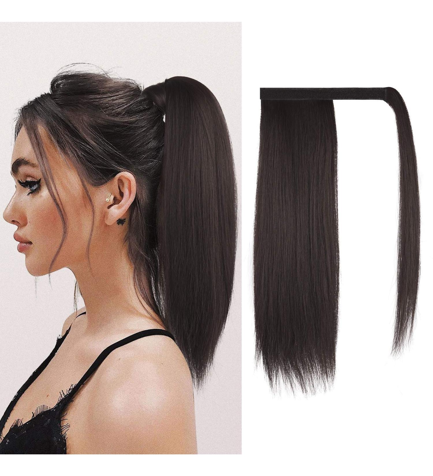 FESHFEN Straight Ponytail Extension Medium Brown 16 inch - Wrap Around Clip in Synthetic Hairpiece for Women Girls - Buy Online on GoSupps.com