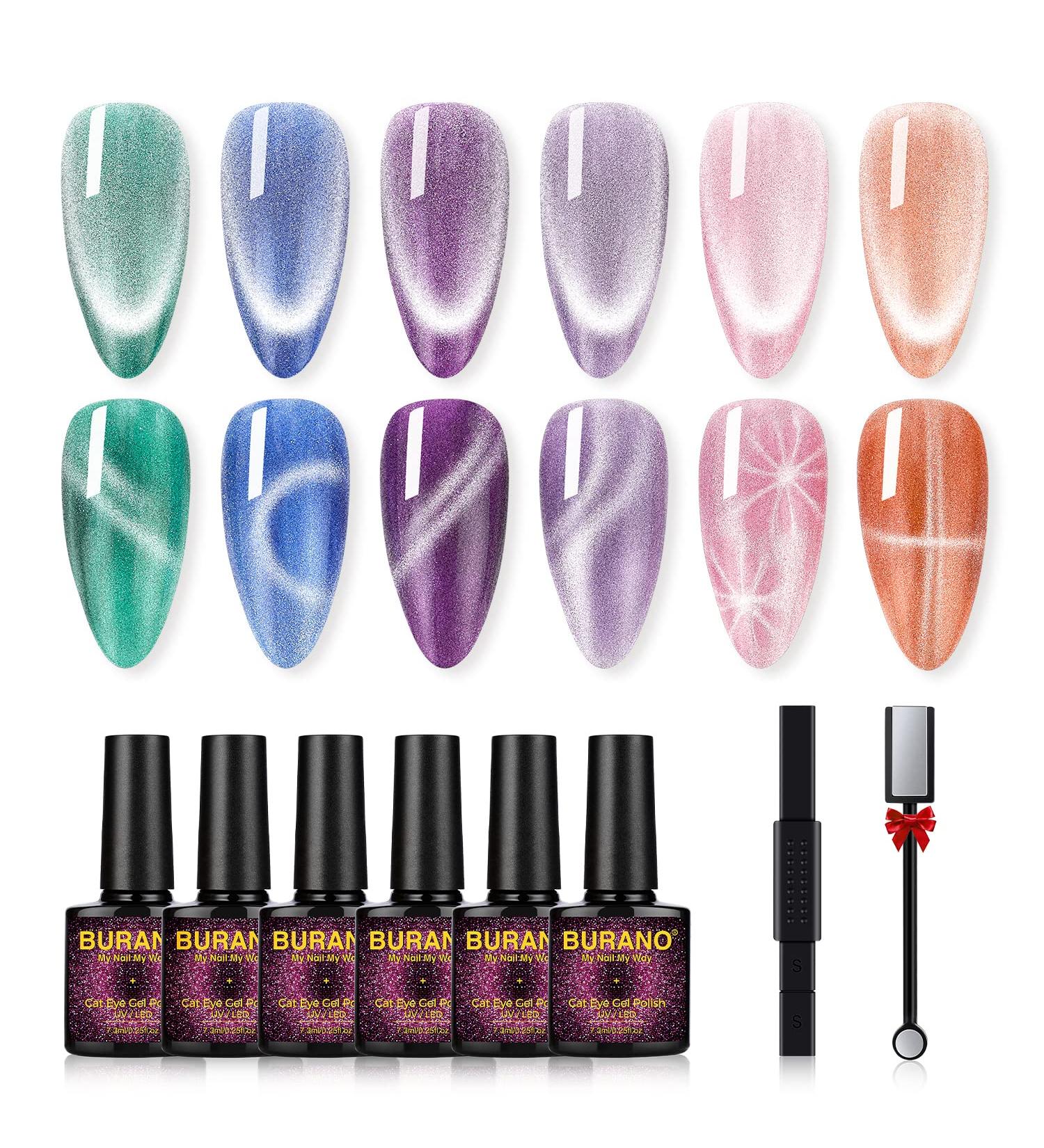 BURANO Cat Eye Gel Nail Polish Set - 6 Magnetic Holographic Colors with Pink 9D Eyes Tiger Design - Long-Lasting Gel Polish with Magnet for Stunning Cat Eye Effects - Buy Online on GoSupps.com