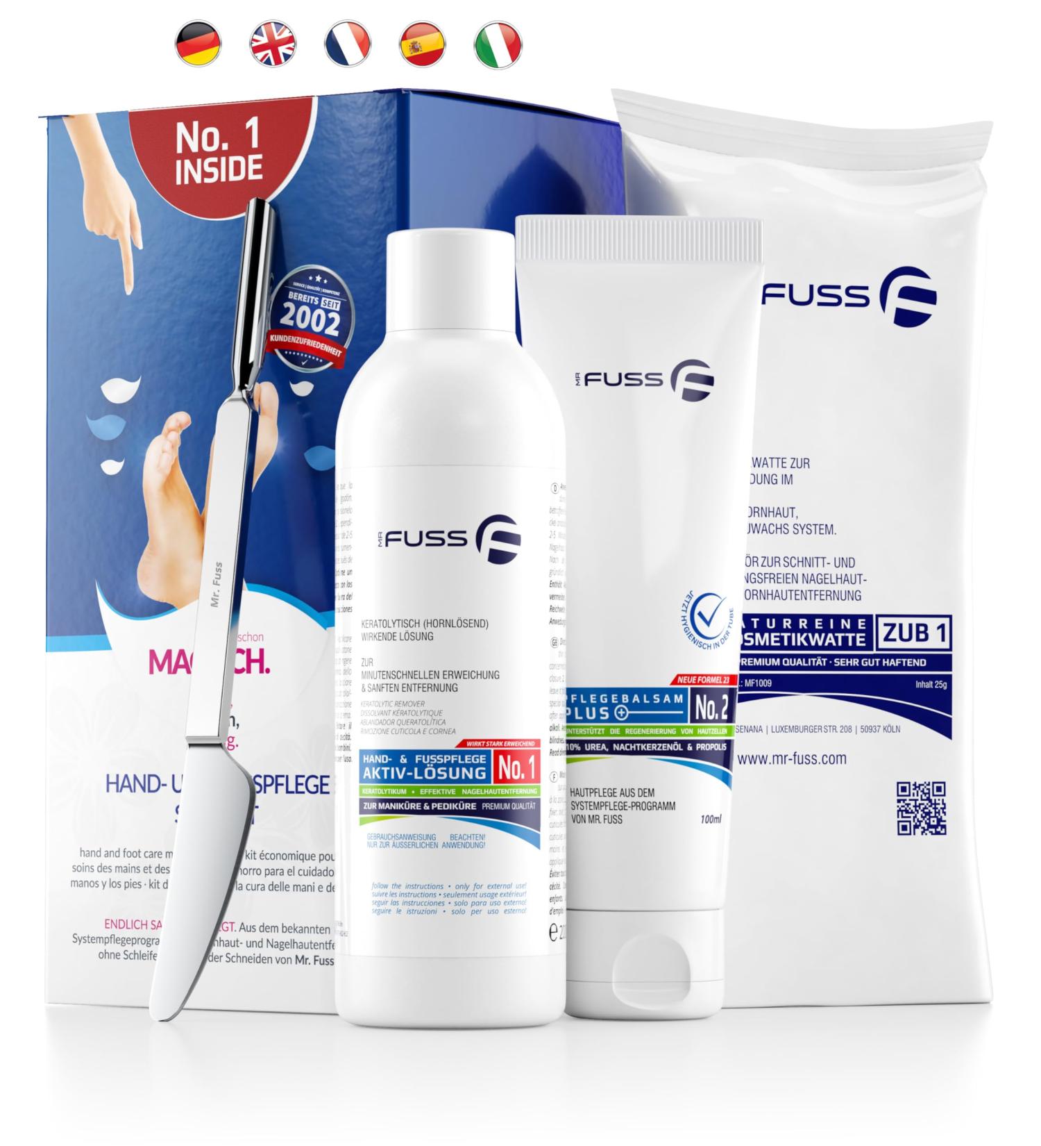 Mr. Fuss No.1 Advanced Pack Multi - Small Nail & Horn Skin Remover | 100ml Savings Package with Cotton Wool & Multitool - International Shipping Available - Buy Online on GoSupps.com