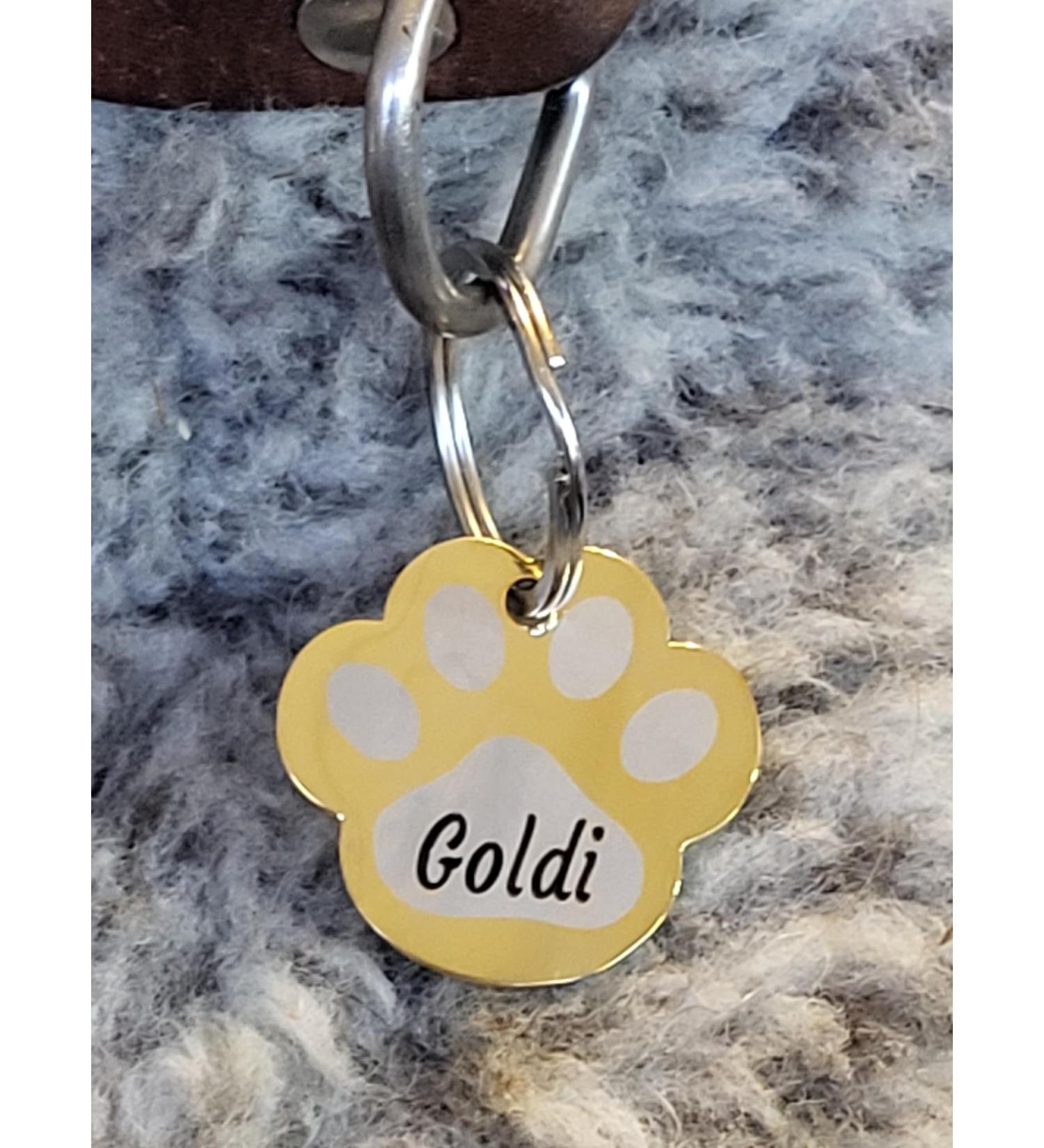 Dog brand made of stainless steel in paw shape with engraving - animal brand dog cat puppy 3 sizes 6 colors (S 25mm x 23mm yellow gold) S 25mm x 23mm yellow gold