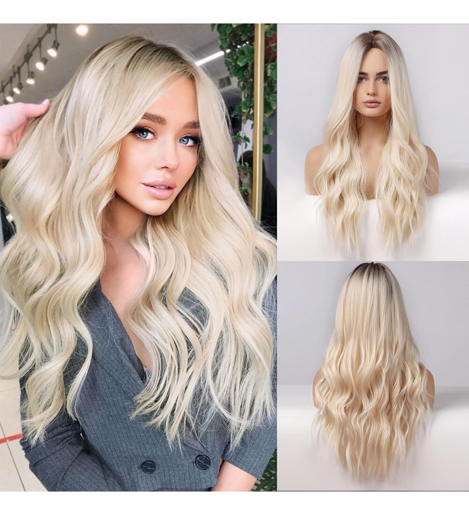 HAIRCUBE Long Blonde Wigs for Women Synthetic Curly Hair with Dark Rooted Middle Parting Very Light Blonde