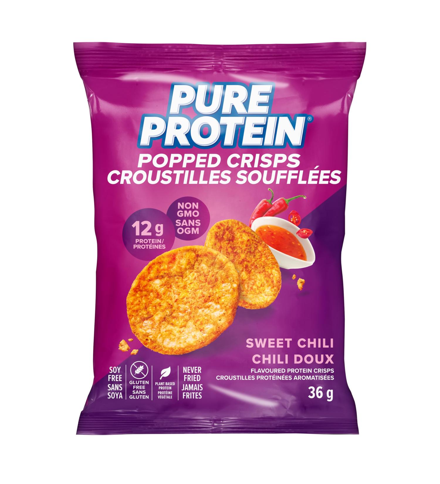 Pure Protein Popped Crisps Sweet Chili High Protein Snack 12 g Protein 8 X 36 g bags - Buy Online on GoSupps.com