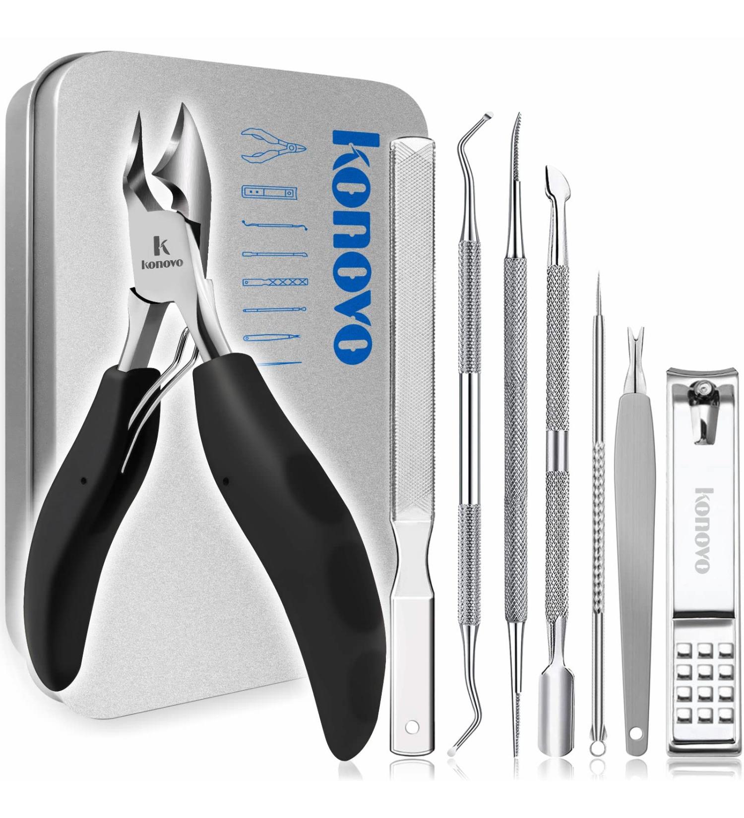 Professional Long Handle Toe Nail Clippers Kit for Thick Nails - 8pcs Set (Black) - Buy Online on GoSupps.com