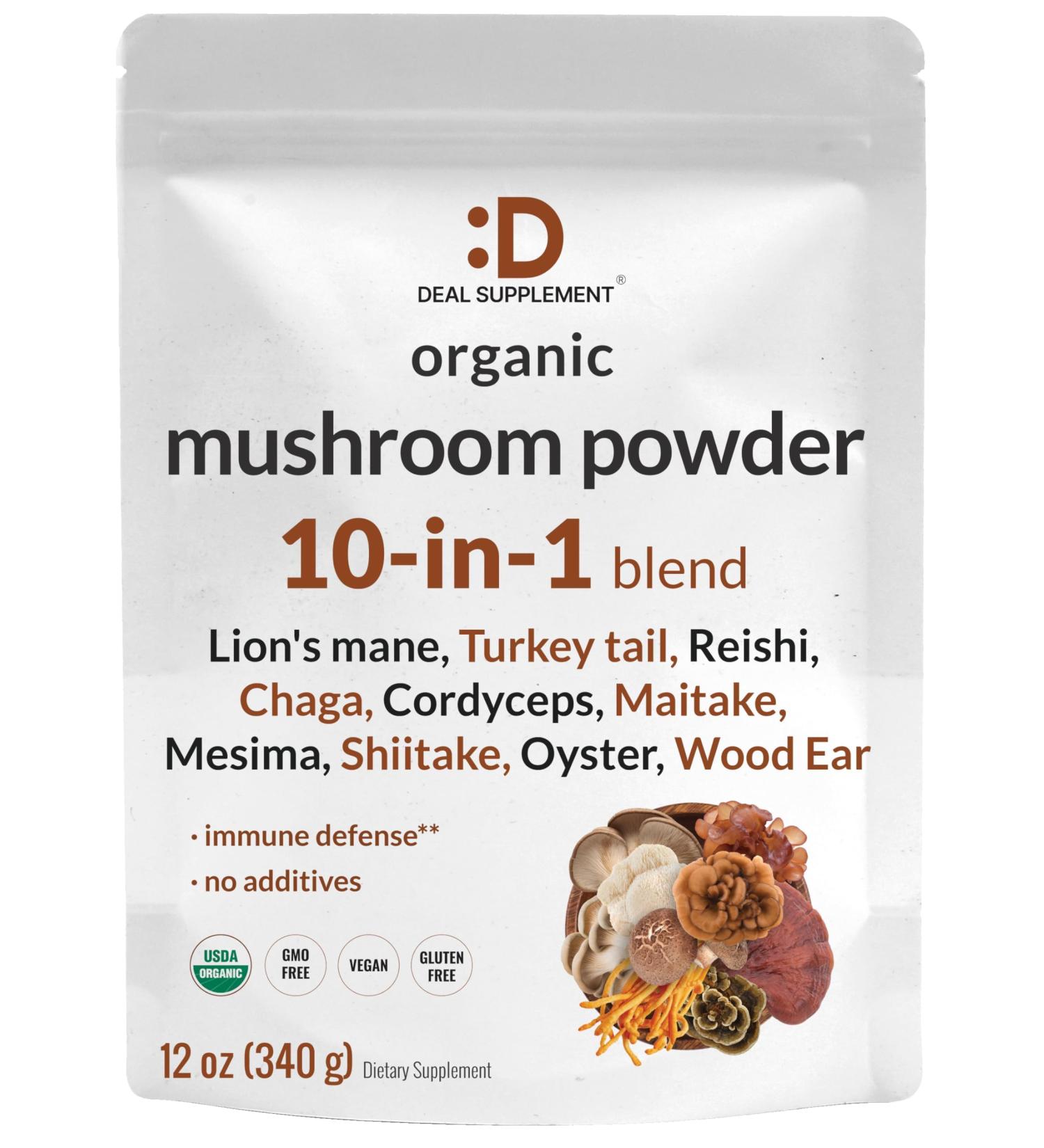DEAL SUPPLEMENT Organic Mushroom Powder Supplement 12oz 10 in 1 Active Blend Shiitake Lions Mane Cordyceps Chaga with More Supports Immune Energy & Brain Health Non-GMO Vegan - Buy Online on GoSupps.com