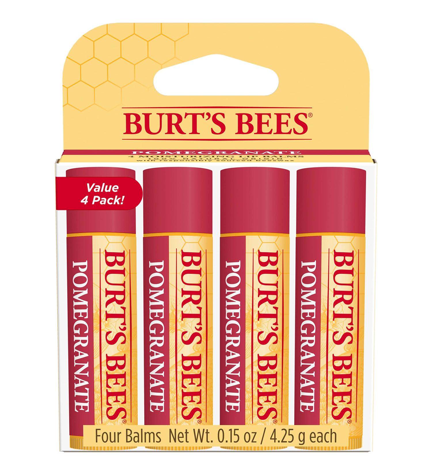 Burt's Bees Lip Balm Moisturizing Lip Care for All Day Hydration 100% Natural Pomegranate with Beeswax & Fruit Extracts (4 Pack) 0.15 Ounce (Pack of 4) - Buy Online on GoSupps.com