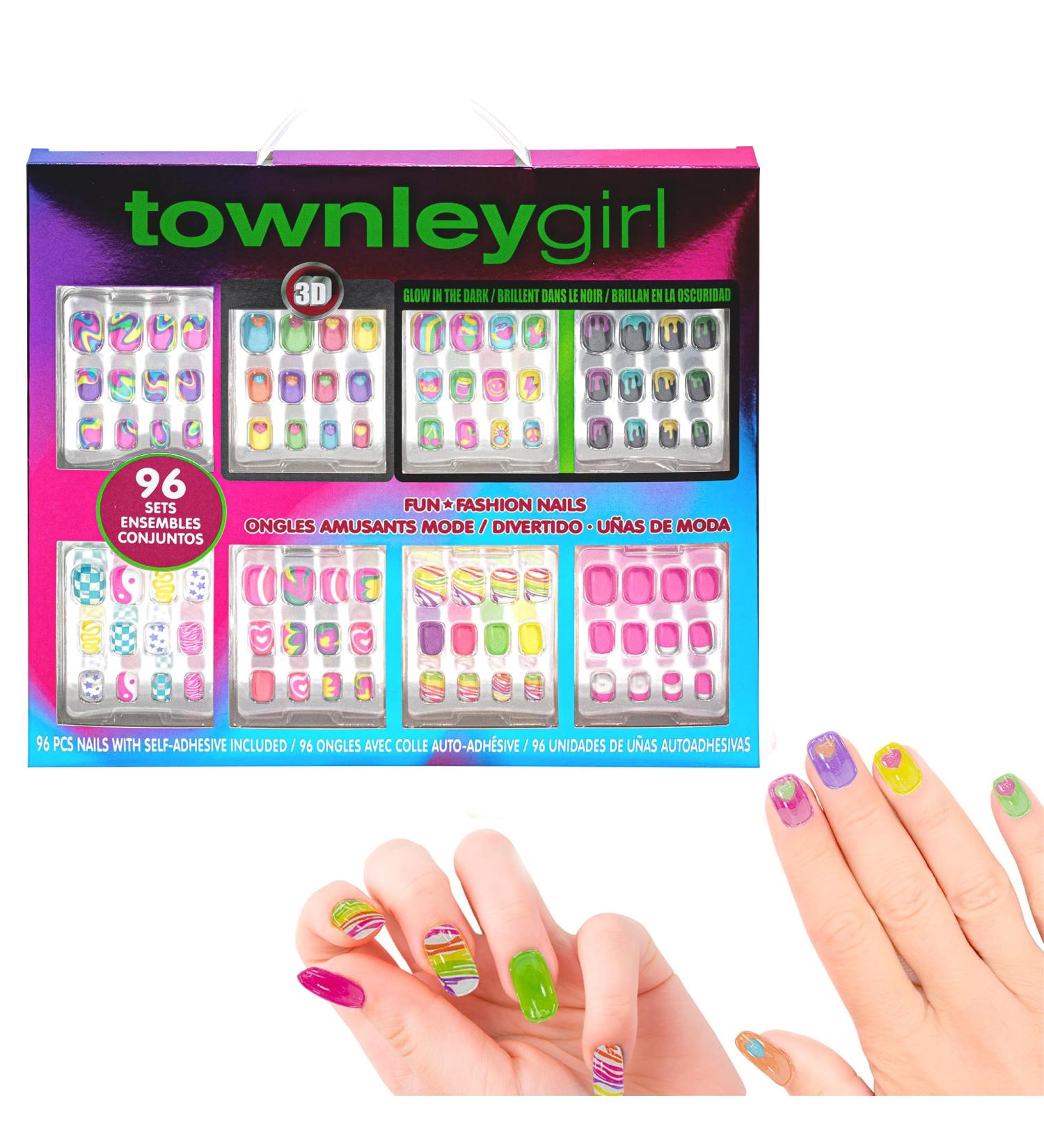 Townley Girl 96 Pcs Stick on Nails Set | 3D and Glow-In-Dark Press- On Nail Sets for Girls | Self-Adhesive Artificial Nails Rainbow - Buy Online on GoSupps.com
