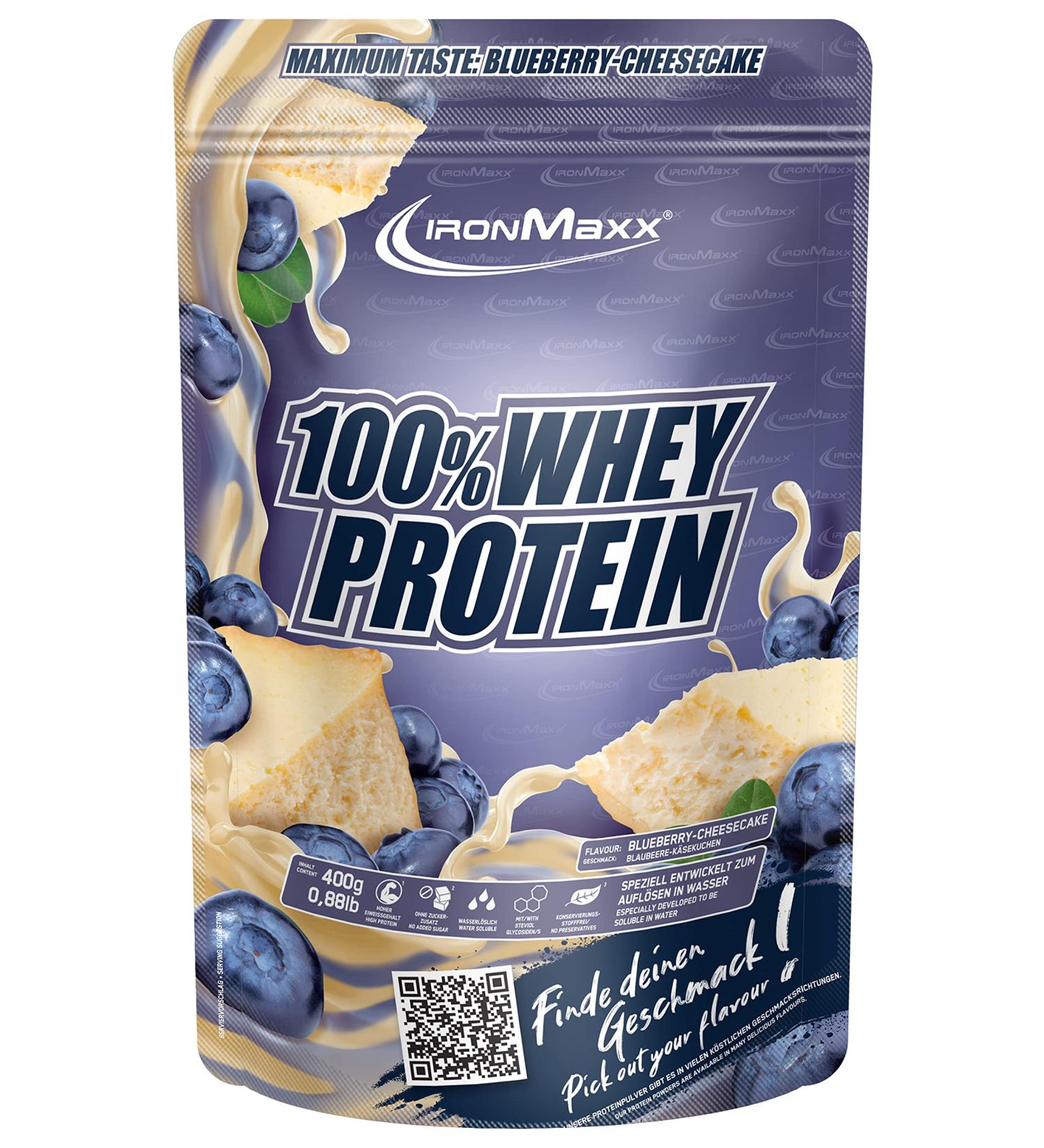 Ironmaxx 100% Whey Protein Powder - Blueberry Cheesecake 400g | Water-Soluble Low Sugar Multiple Flavors Available | International Shipping - Buy Online on GoSupps.com