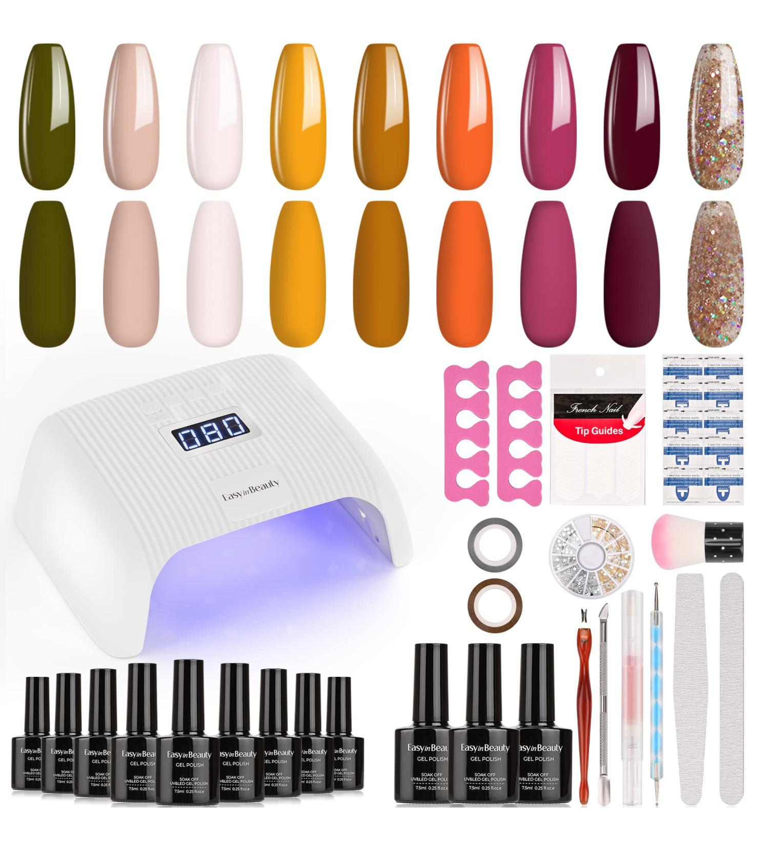 EasyinBeauty Gel Nail Polish Kit with 48W UV/LED Lamp - 9 Colors, Manicure Tools, Base and Top Coat - Caramel Gift Set for Women - Buy Online on GoSupps.com