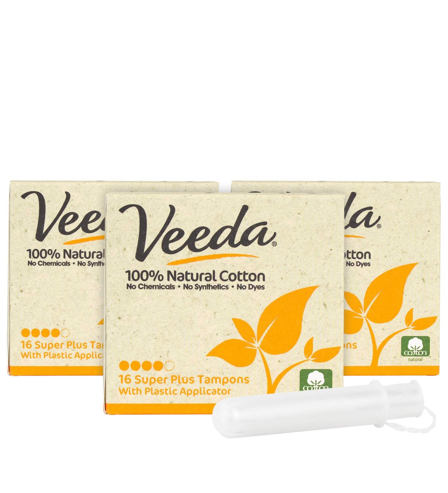 Veeda 100% Natural Cotton Super Plus Tampons - Compact BPA-Free Applicator - 48 Count - Dermatologically Tested - Chlorine, Fragrance, Dye Free - Unscented - Buy Online on GoSupps.com