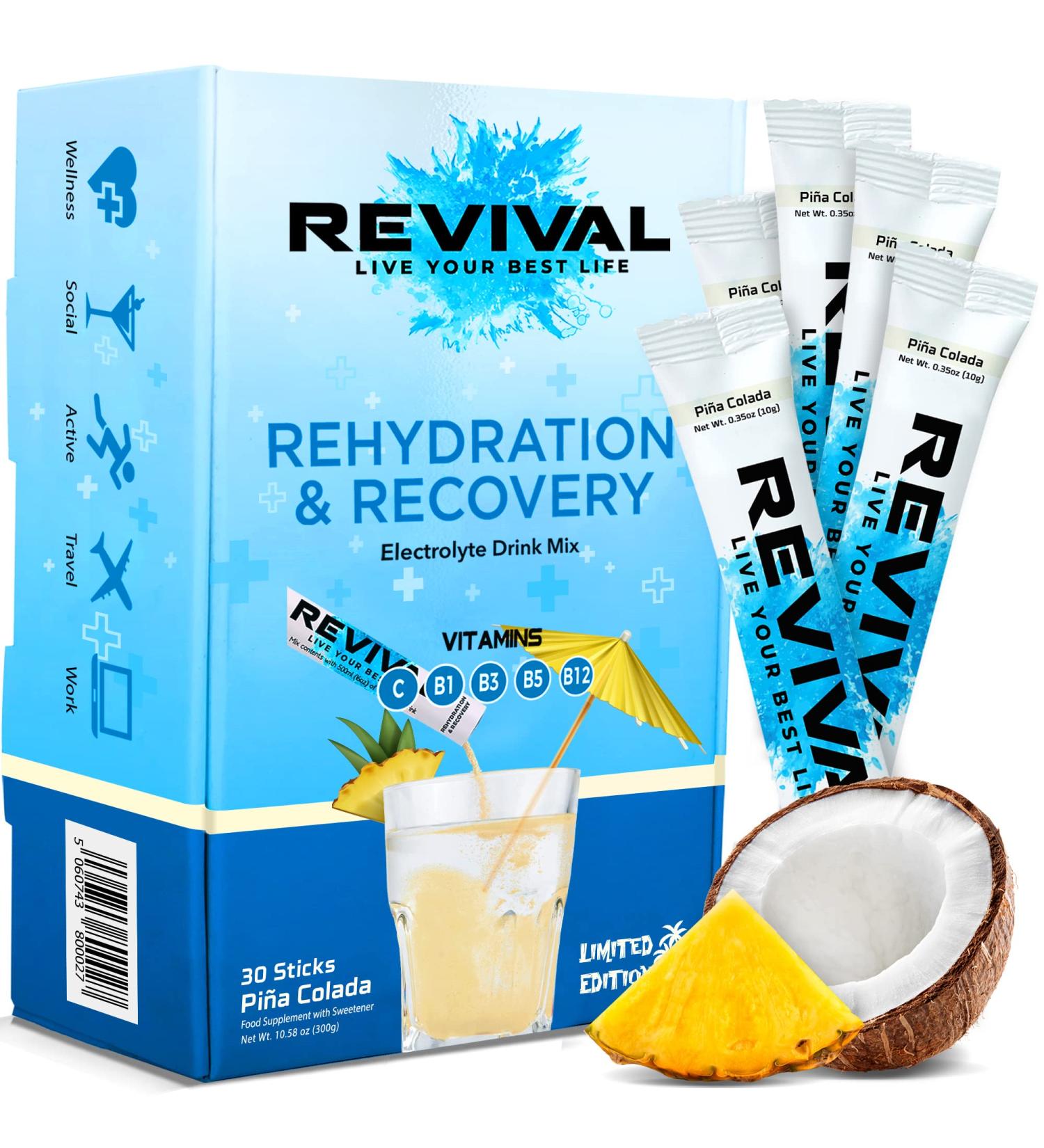 Revival Rapid Rehydration Electrolytes Powder - Pina Colada Flavor | 30 Pack Effervescent Tablets - High Strength Vitamin C B1 B3 B5 B12 Supplement - Buy Online on GoSupps.com