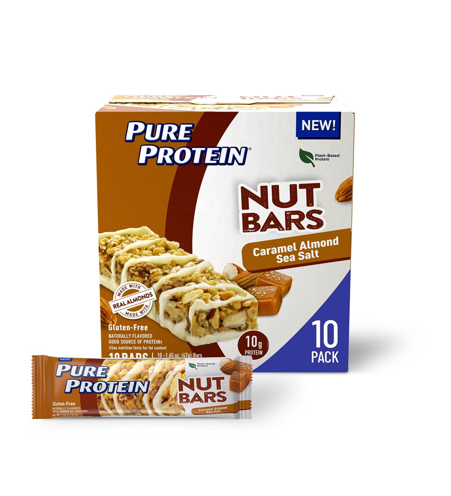 Pure Protein Nut Bars - Caramel Almond Sea Salt (10g Protein, Gluten Free, Low Sugar) - 1.65 oz, 10 Pack - Buy Online on GoSupps.com