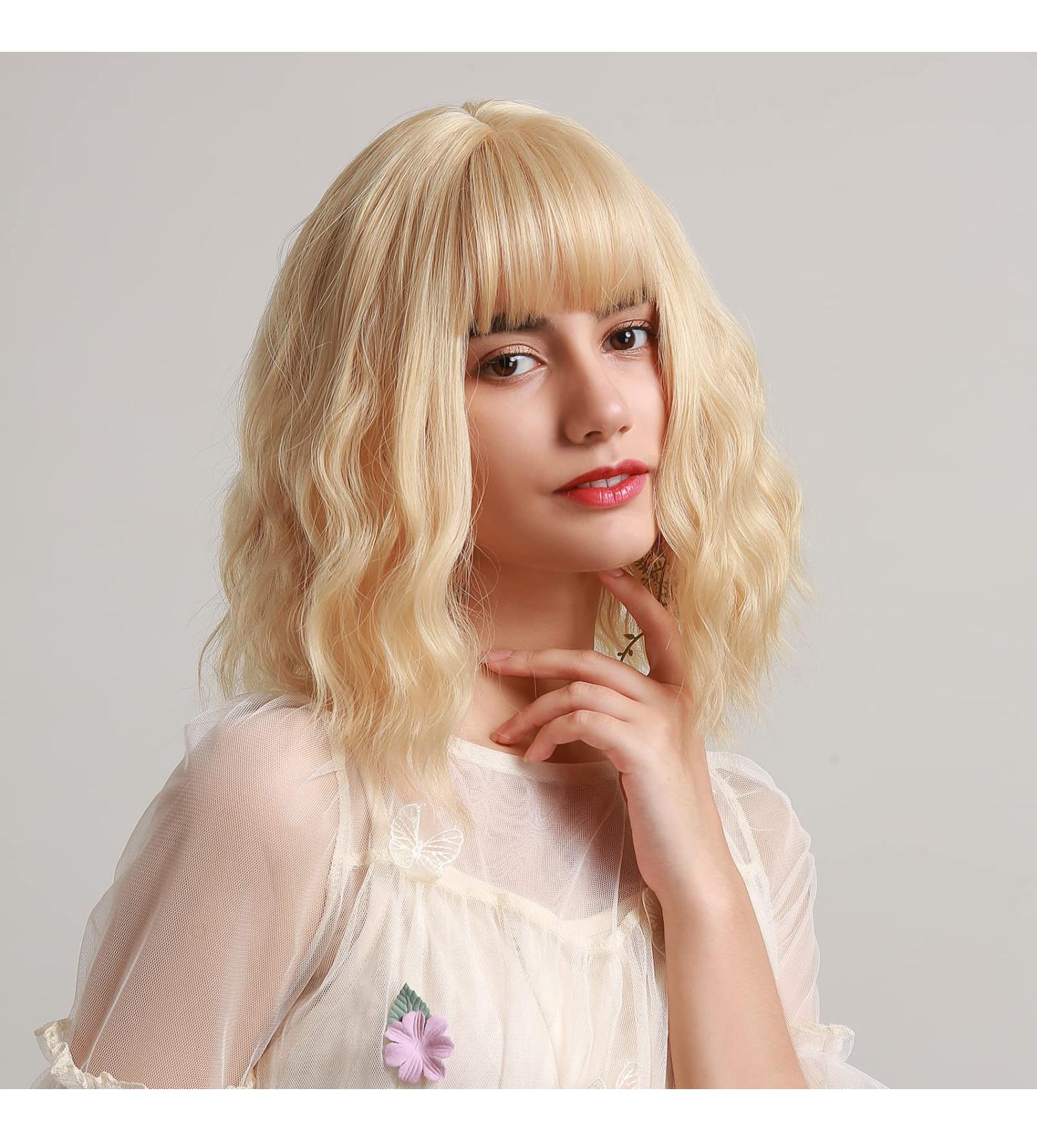 Pretfy Short Wave Blonde Bob Wig with Bangs | Gold Yellow Curly Wavy Hair Costume Cosplay Wig - Buy Online on GoSupps.com