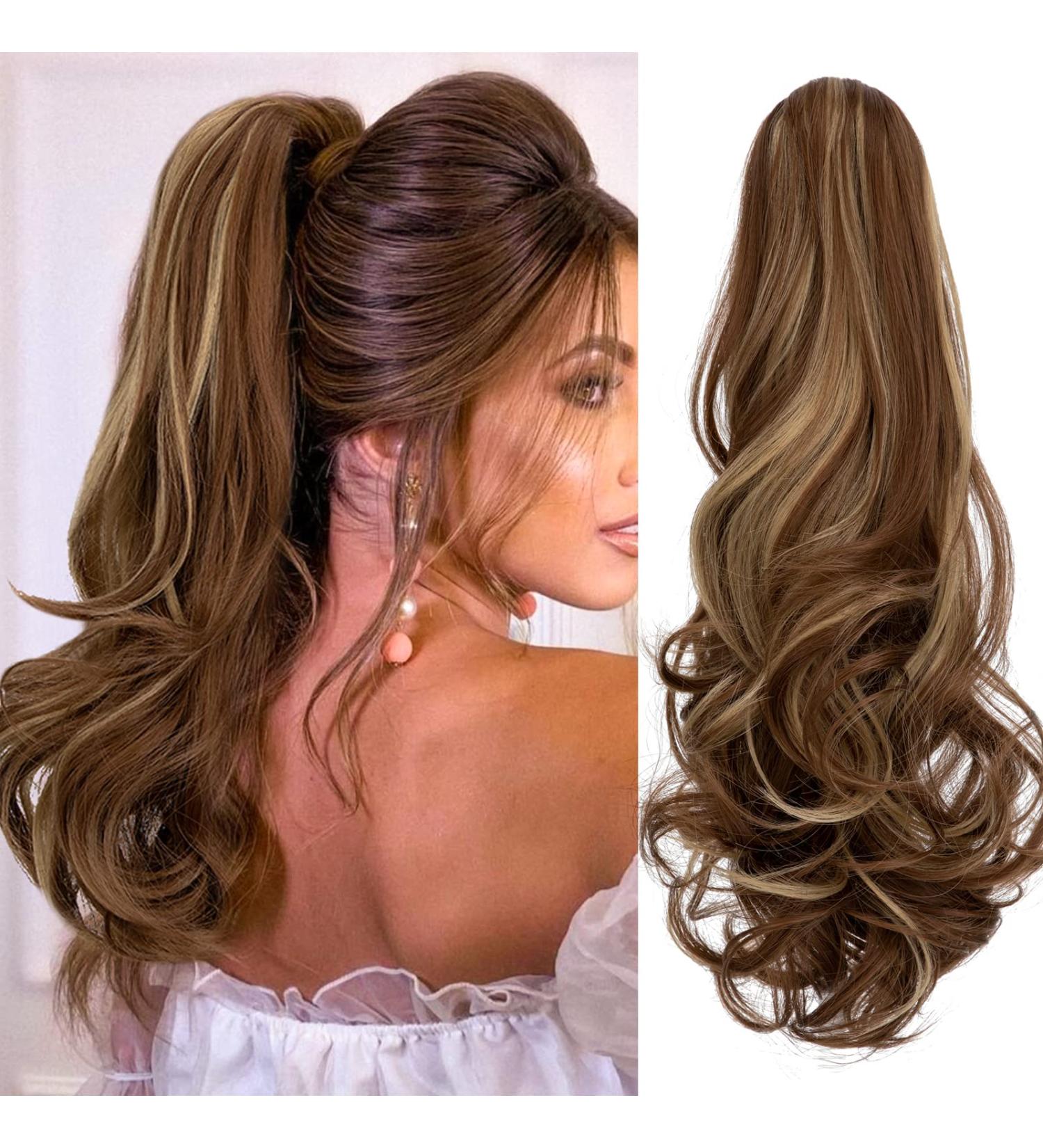 18-inch Curly Ash Blonde Mix Light Brown Ponytail Extension - Clip-in Claw Hairpiece for Women - Buy Online on GoSupps.com