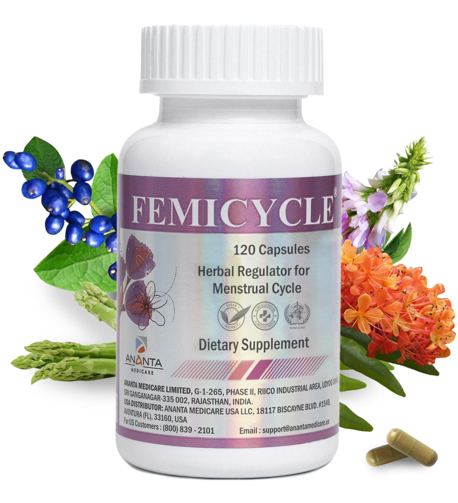 FEMICYCLE Herbal Supplement for Women PMS Hormonal & Menstrual Cycle Support Lodh Tree Ashoka Asparagus Licorice & Turmeric Period Wellness Formula 120 Vegan Capsules - Buy Online on GoSupps.com