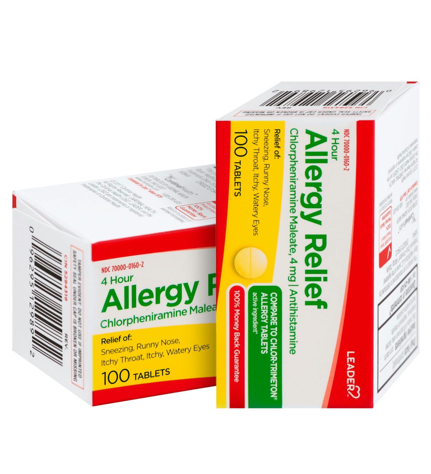 Leader 4 Hour Allergy Relief Chlorpheniramine Maleate Tablets Antihistamine 4 mg 100 Count Pack of 2 - Buy Online on GoSupps.com