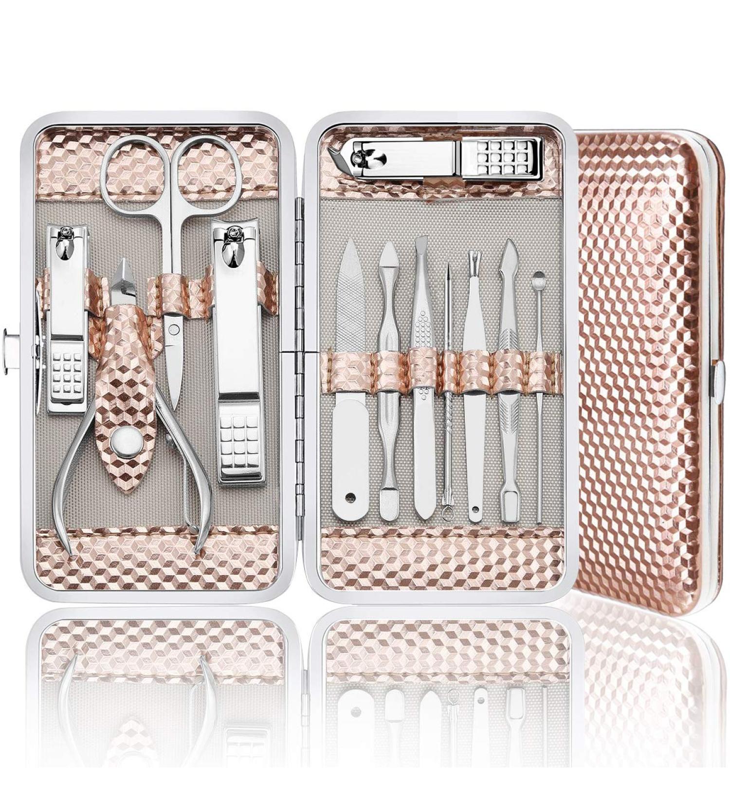 Yougai Professional Manicure Set - 12Pcs Stainless Steel Nail Kit for Women - Pedicure Grooming Kit with Travel Case (Rose Gold) - Buy Online on GoSupps.com